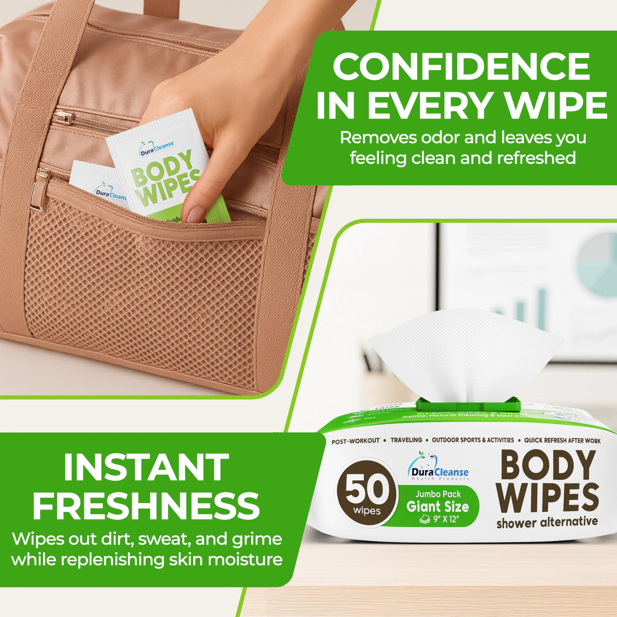 Body Wipes for Women, Extra Moist No Rinse Bathing Sheets (4pk), 200 XL Shower Cloths + 16 Deodorizing Bath Wipes - 9"x12" Travel Size Essentials, Toiletries for Womens Hygiene & Post Workout Cleanup - Image 6