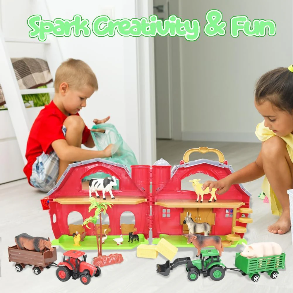 BOLZRA Farm Animals Big Red Barn Toy for 1 2 3 4 5 Years Old Toddlers, Kids Farm Figures Fence Playset with Tractor, Preschool Montessori Learning Toys, Christmas Birthday Easter Gift for Boys Girls - Image 2