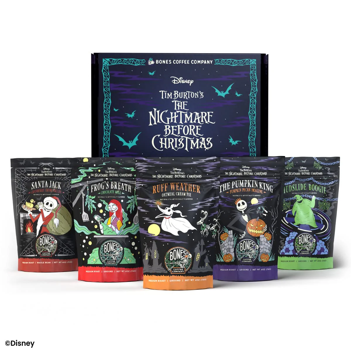 Bones Coffee Company The Nightmare Before Christmas Collector's Box 5 Flavored Coffee Low Acid Medium Roast Arabica Beans Specialty Coffee Gifts For Auto Drip and French Press, 4 oz Pack of 5 Ground - Image 8
