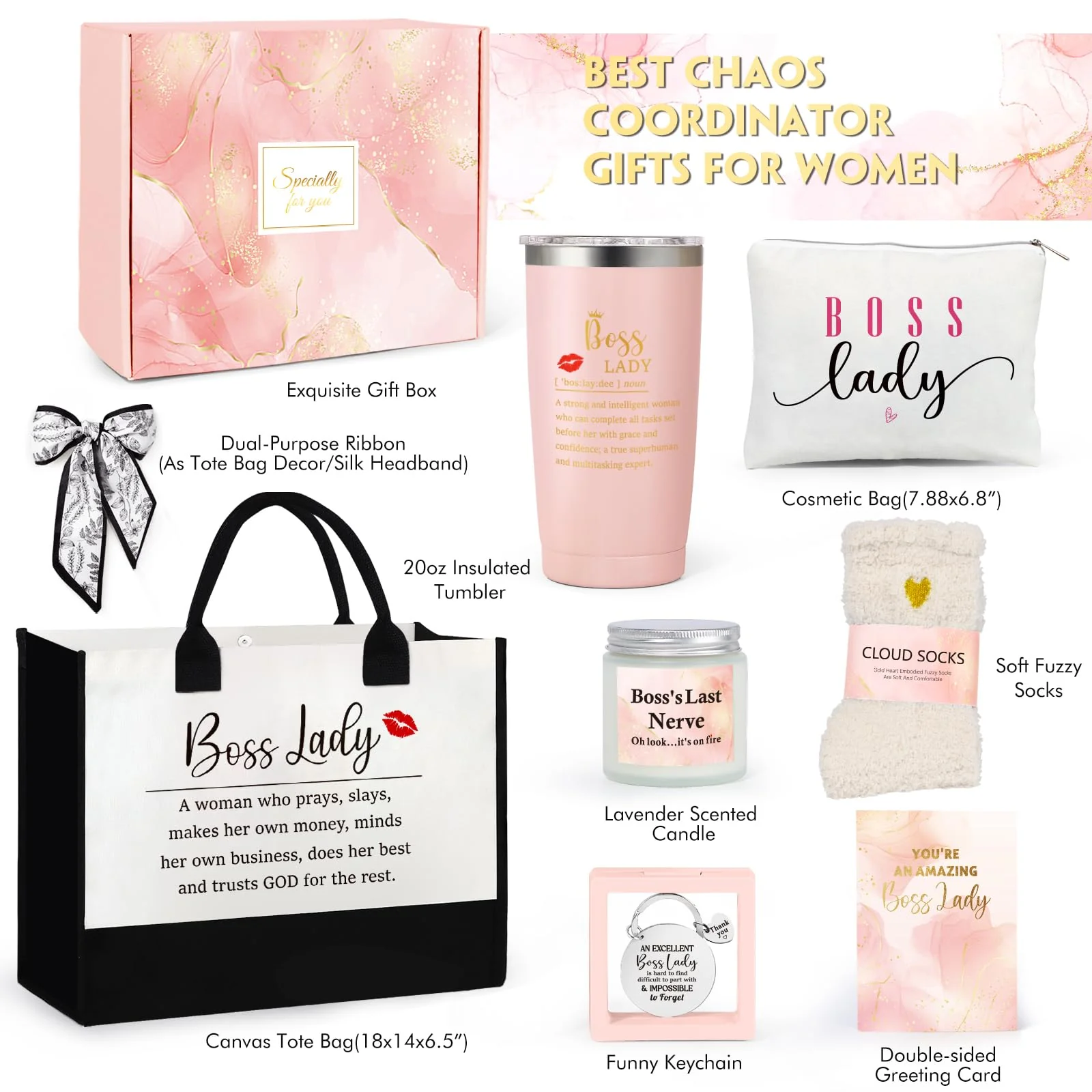 Boss Lady Gifts for Women, Best Boss Gift with Grocery Canvas Tote Bag, Funny Boss Christmas Box for Women, Cool Basket for Bosses Female, Office Appreciation Gifts for Birthday Boss's Day Pink - Image 7