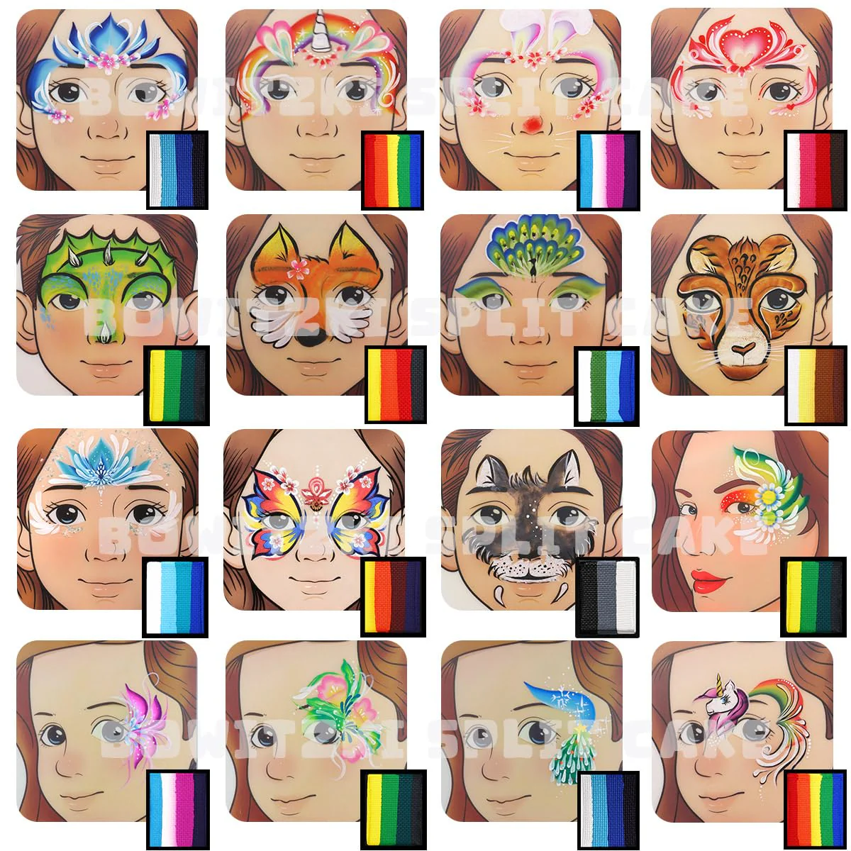 Bowitzki Face Paint Kit Professional Split Cake Face Painting Set For Kids Adults 12x10 gm with Stencil One Stroke Non Toxic Rainbow Flora Dolphin Unicorn Flame Body Paint Halloween Christmas Makeup - Image 8