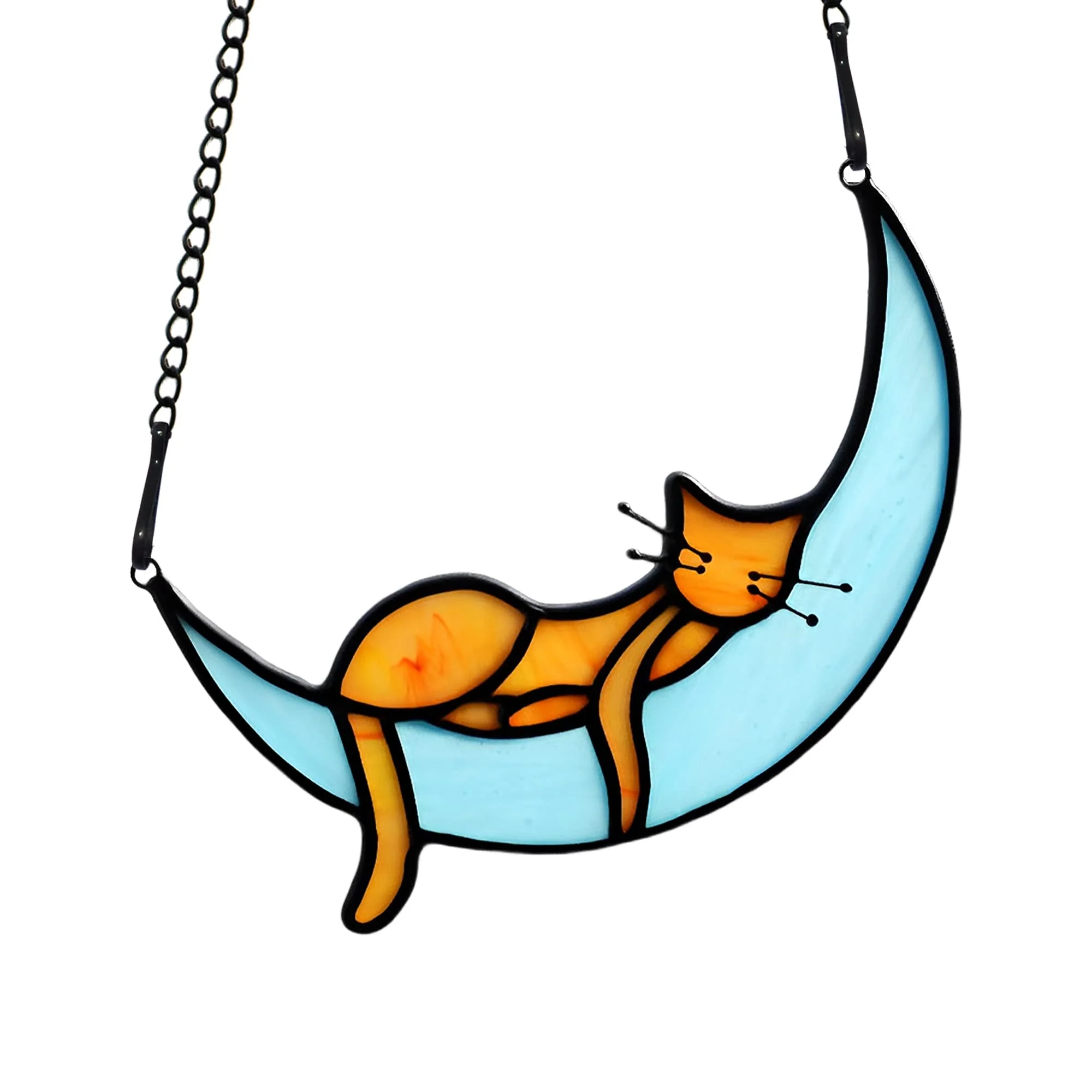 BOXCASA Orange Cat Suncatchers Handcrafted Stained Glass Window Hanging - Moon Phase Memorial Gifts for Cat Lovers,Birthday,Christmas Day, for Women,Mom