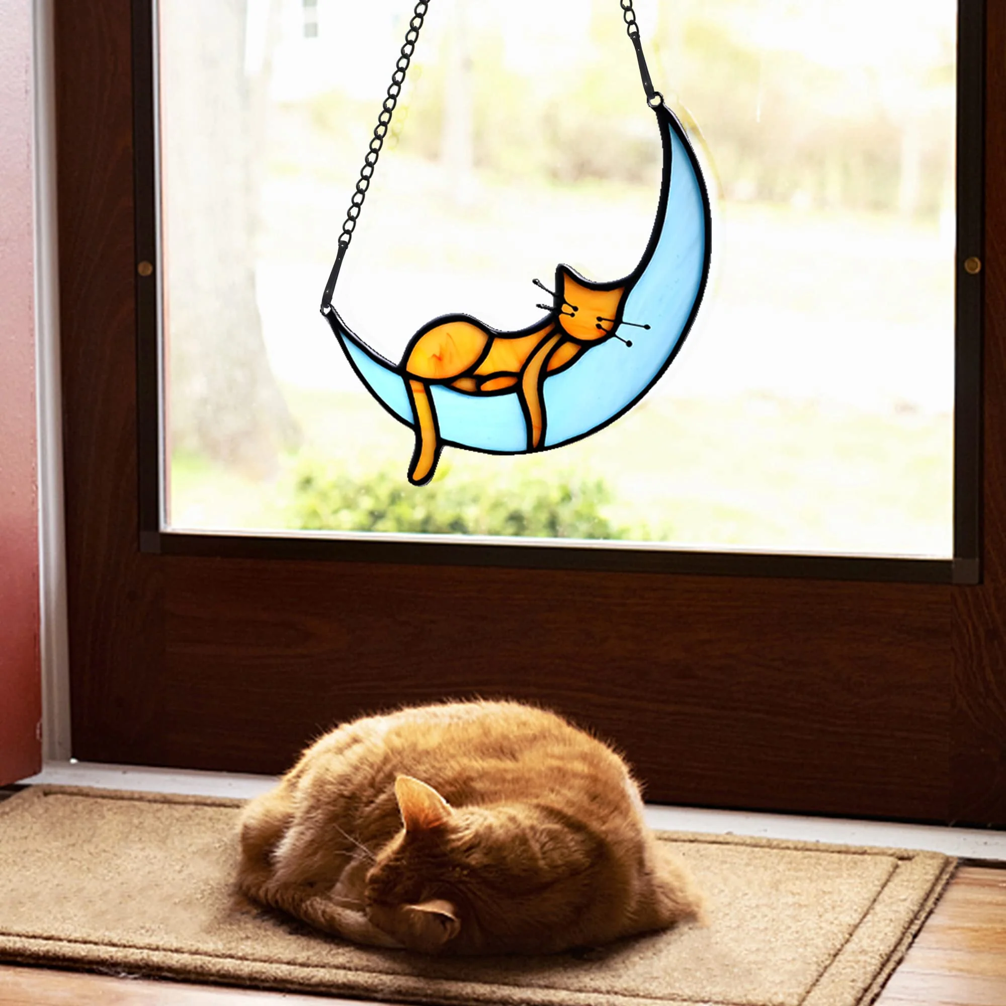 BOXCASA Orange Cat Suncatchers Handcrafted Stained Glass Window Hanging - Moon Phase Memorial Gifts for Cat Lovers,Birthday,Christmas Day, for Women,Mom - Image 4