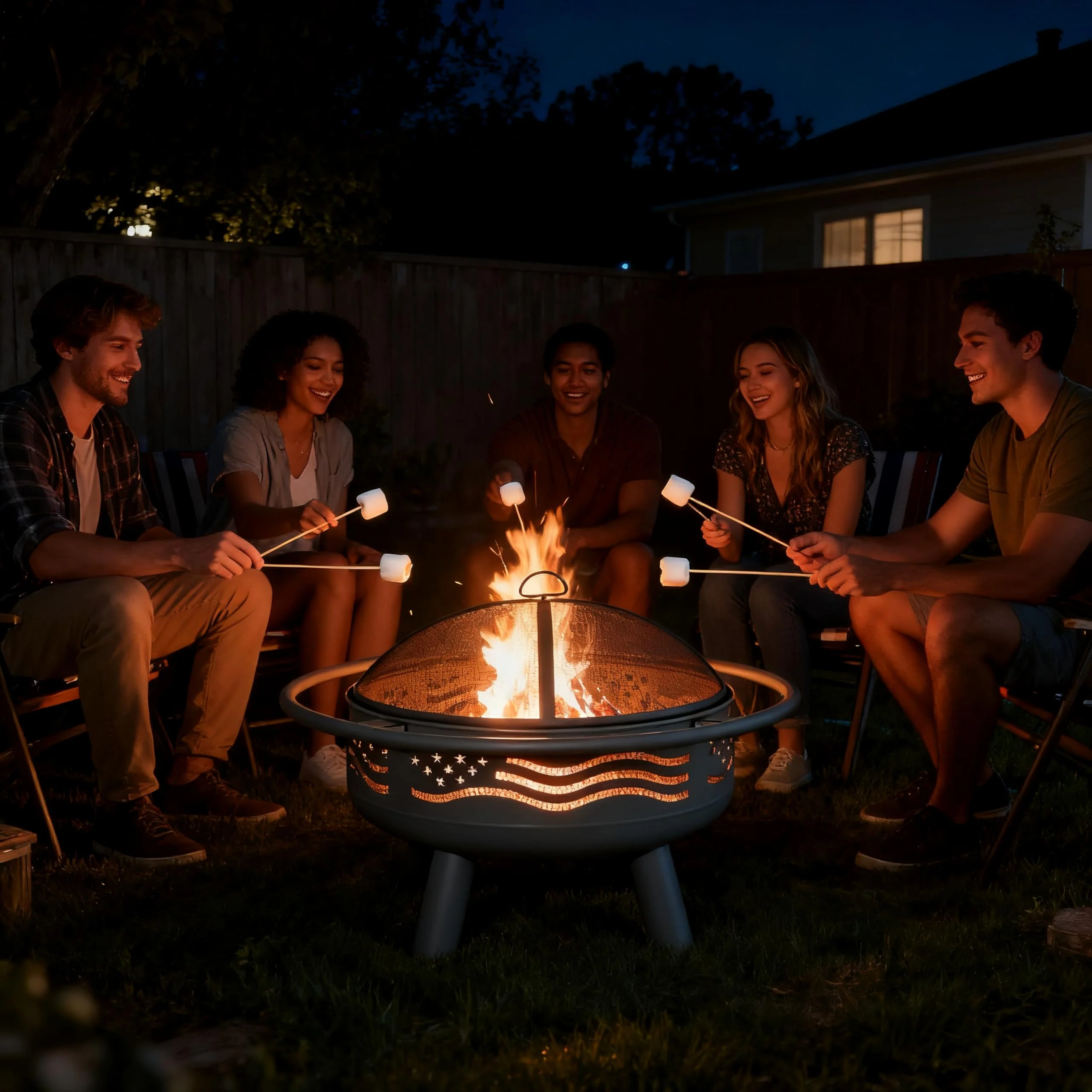 Breezz 32 Inch American Flag Fire Pit with Mesh Cover & Poker, Round Metal Wood Burning Outdoor Firepit for Patio, Garden, Backyard, Bonfire, Ideal for 4th of July, Memorial Day, Christmas - Image 4