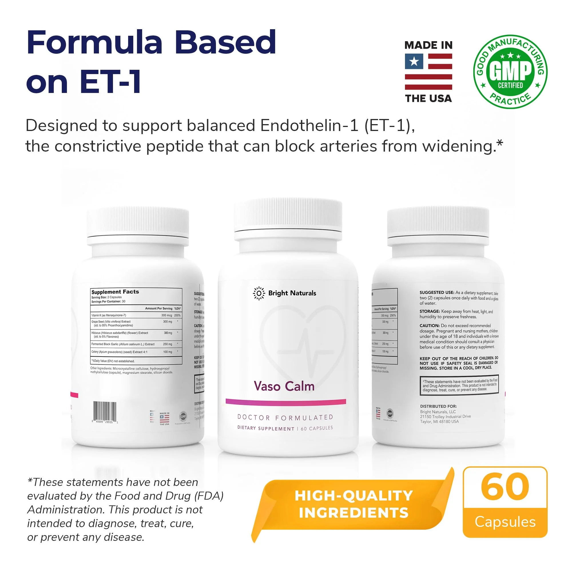 Bright Naturals Vaso Calm - Healthy Blood Balance Supplement - Features Fermented Garlic, Celery and Grape Seed Extract, Hibiscus, and Vitamin K2 - Made in The USA, 180 Capsules - Image 6