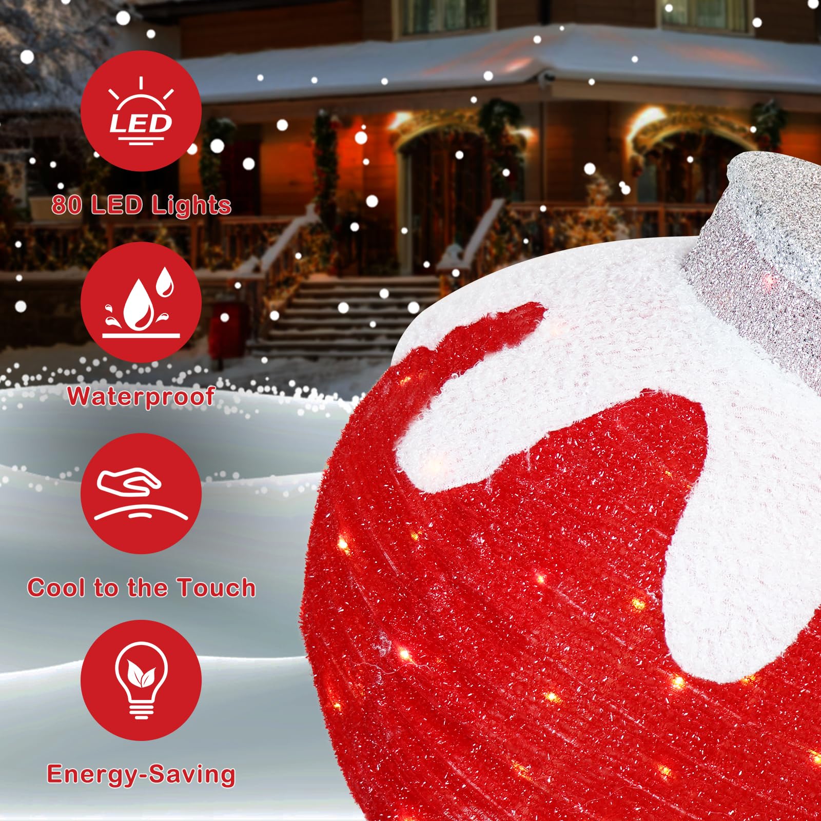 BRIGHTDECK Outdoor Christmas Ornaments, Lighted Pop-Up Outdoor Holiday Ball Decoration with 80 LED Lights, 8 Light Modes, Lighted Collapsible Holiday Decorations for Yard, Home (Red) - Image 4
