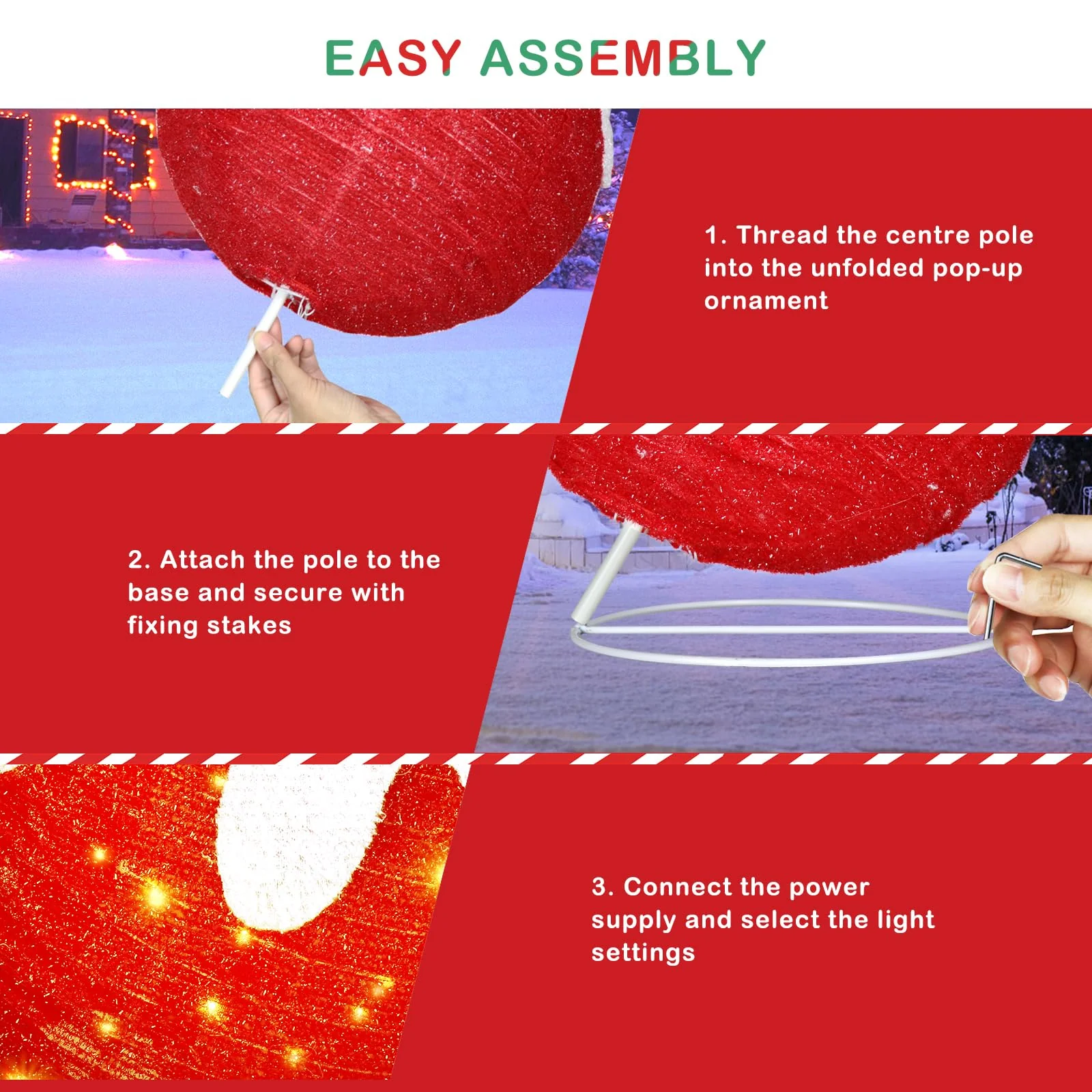 BRIGHTDECK Outdoor Christmas Ornaments, Lighted Pop-Up Outdoor Holiday Ball Decoration with 80 LED Lights, 8 Light Modes, Lighted Collapsible Holiday Decorations for Yard, Home (Red) - Image 5