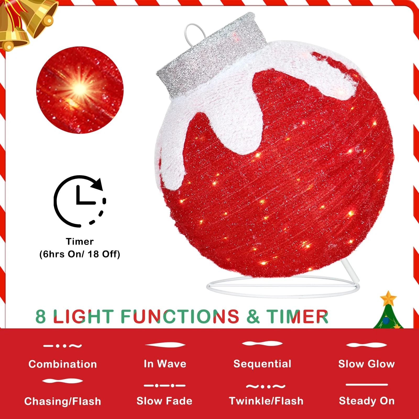 BRIGHTDECK Outdoor Christmas Ornaments, Lighted Pop-Up Outdoor Holiday Ball Decoration with 80 LED Lights, 8 Light Modes, Lighted Collapsible Holiday Decorations for Yard, Home (Red) - Image 6