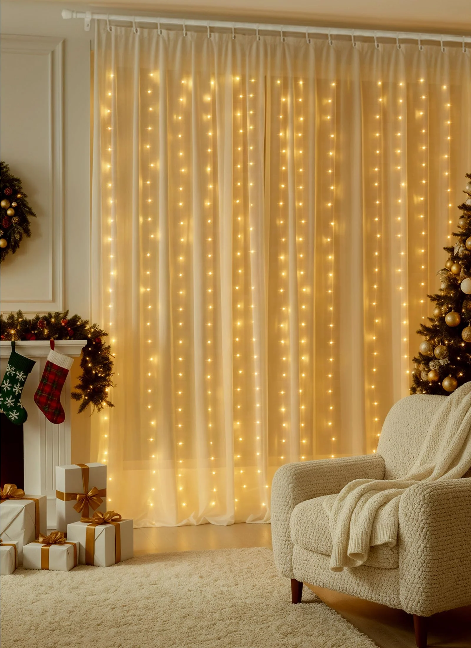 Brightown 600 LED Curtain String Lights, 20 FT Hanging Fairy Lights with Remote, 8 Modes, Waterproof Window Lights for Bedroom Backdrop Wedding Outdoor Christmas Party, Warm White - Image 2
