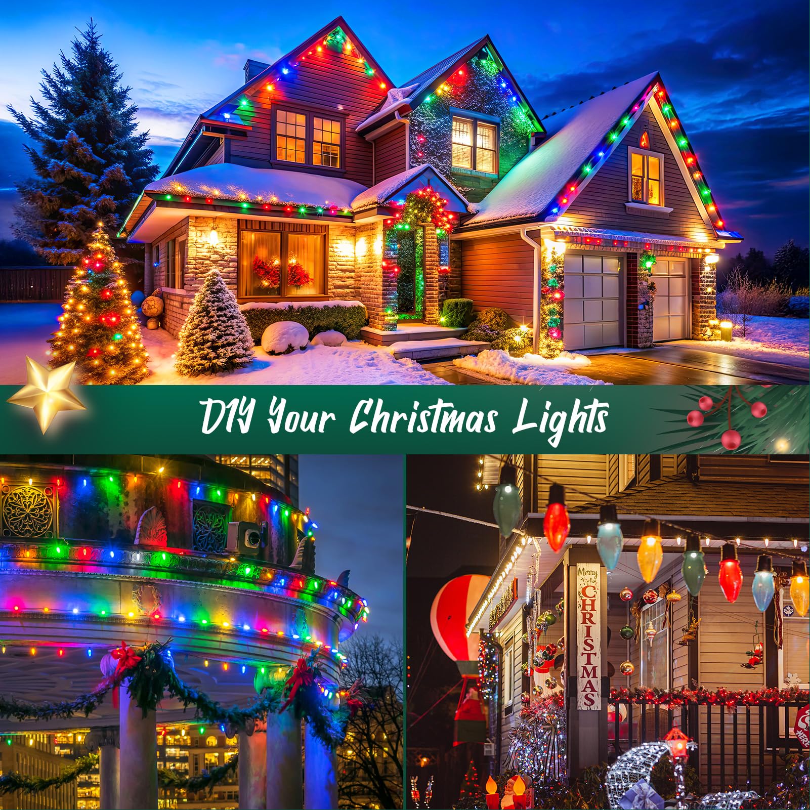 Brightown C9 Light Strand, 100 FT Outdoor String Lights Christmas Stringer with 100 Sockets for Christmas Decor Patio, E17 Light Socket, 12 Spacing, Green Wire - Image 2