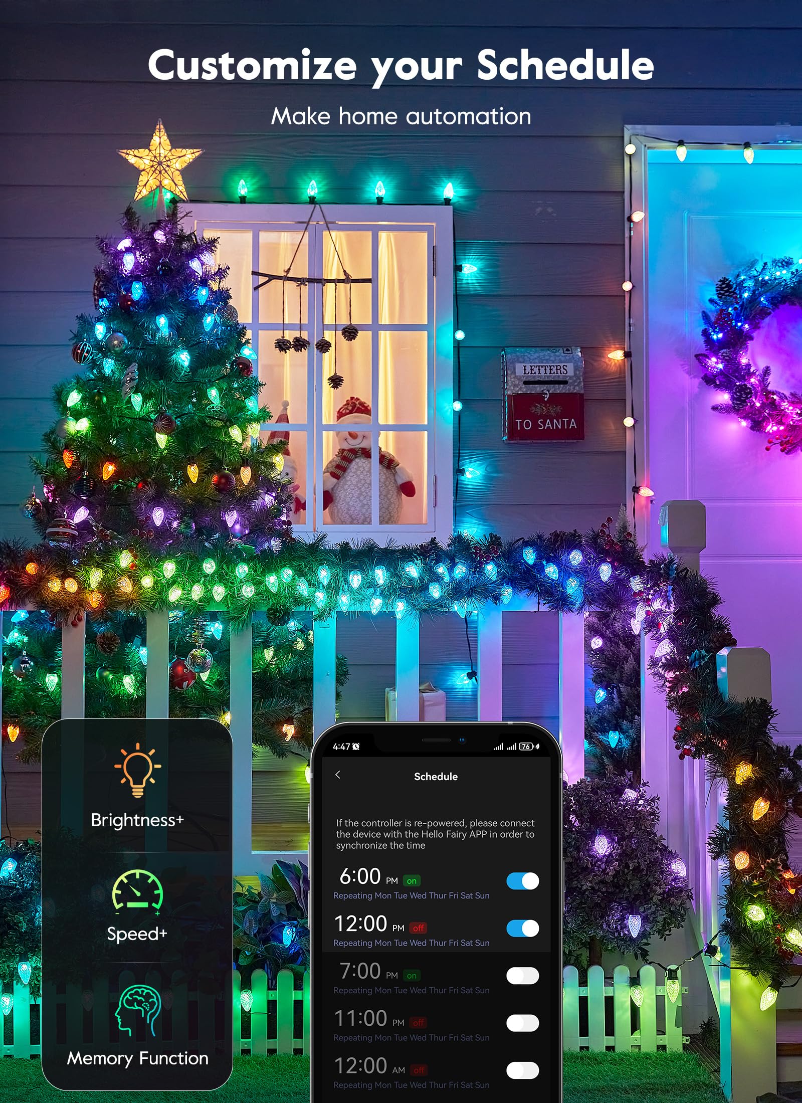 Brightown Smart C9 Christmas Lights Outdoor, 100 LED RGB C9 String Light with Remote, App Control, Music Sync, Connectable Waterproof Christmas Lights for House Tree Patio Holiday Xmas Decor - Image 6