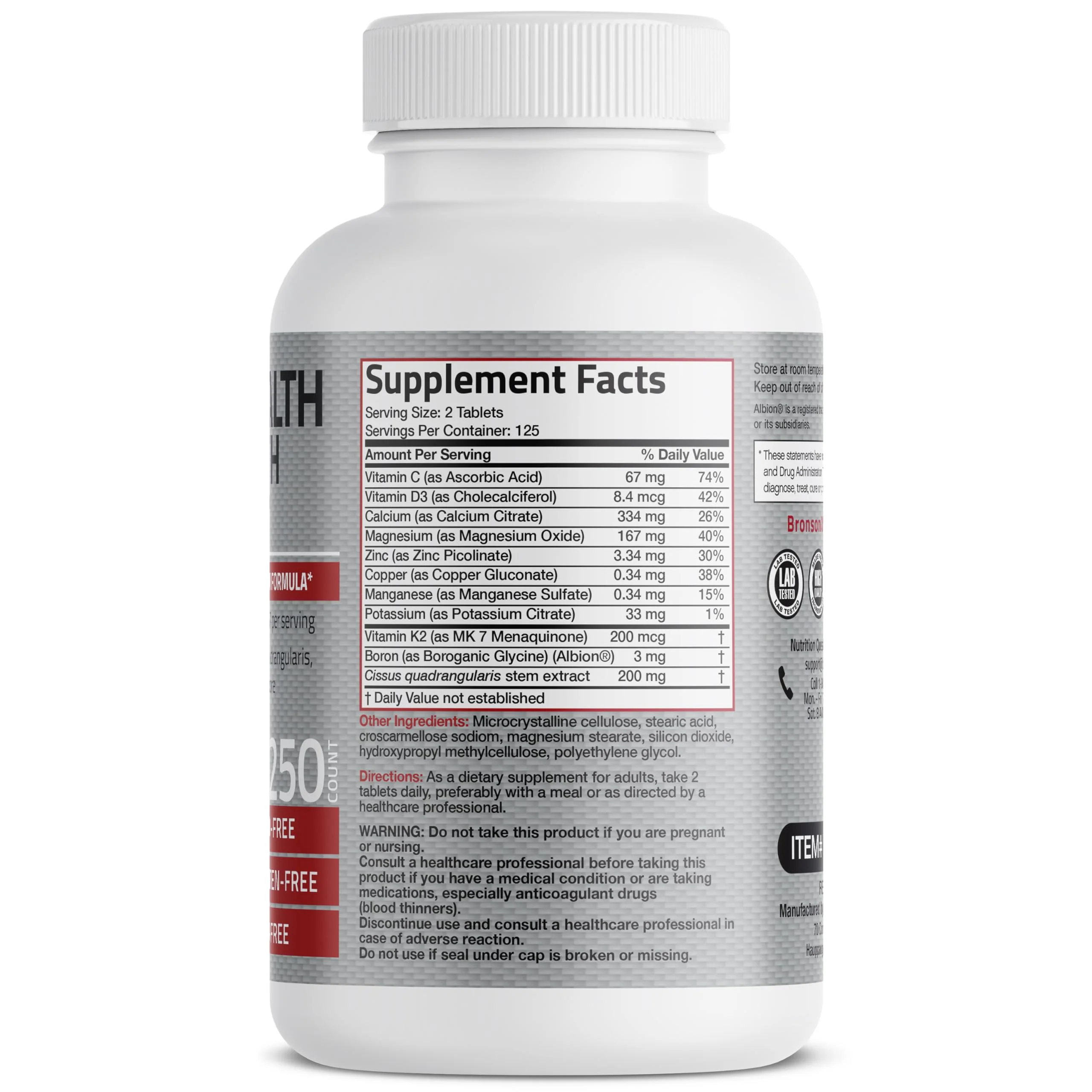 Bronson Bone Health & Strength Complex* High Potency Formula 200 MCG of Vitamin K2 as MK7, Plus Calcium, Boron, Cissus Quadrangularis, Magnesium, Vitamin D3, and More - Non-GMO, 250 Tablets - Image 7