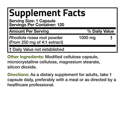 Bronson Rhodiola Rosea 1000mg Supplement - Adaptogenic Herb for Brain, Stress & Mood Support - Non-GMO, 120 Vegetarian Capsules - Image 2