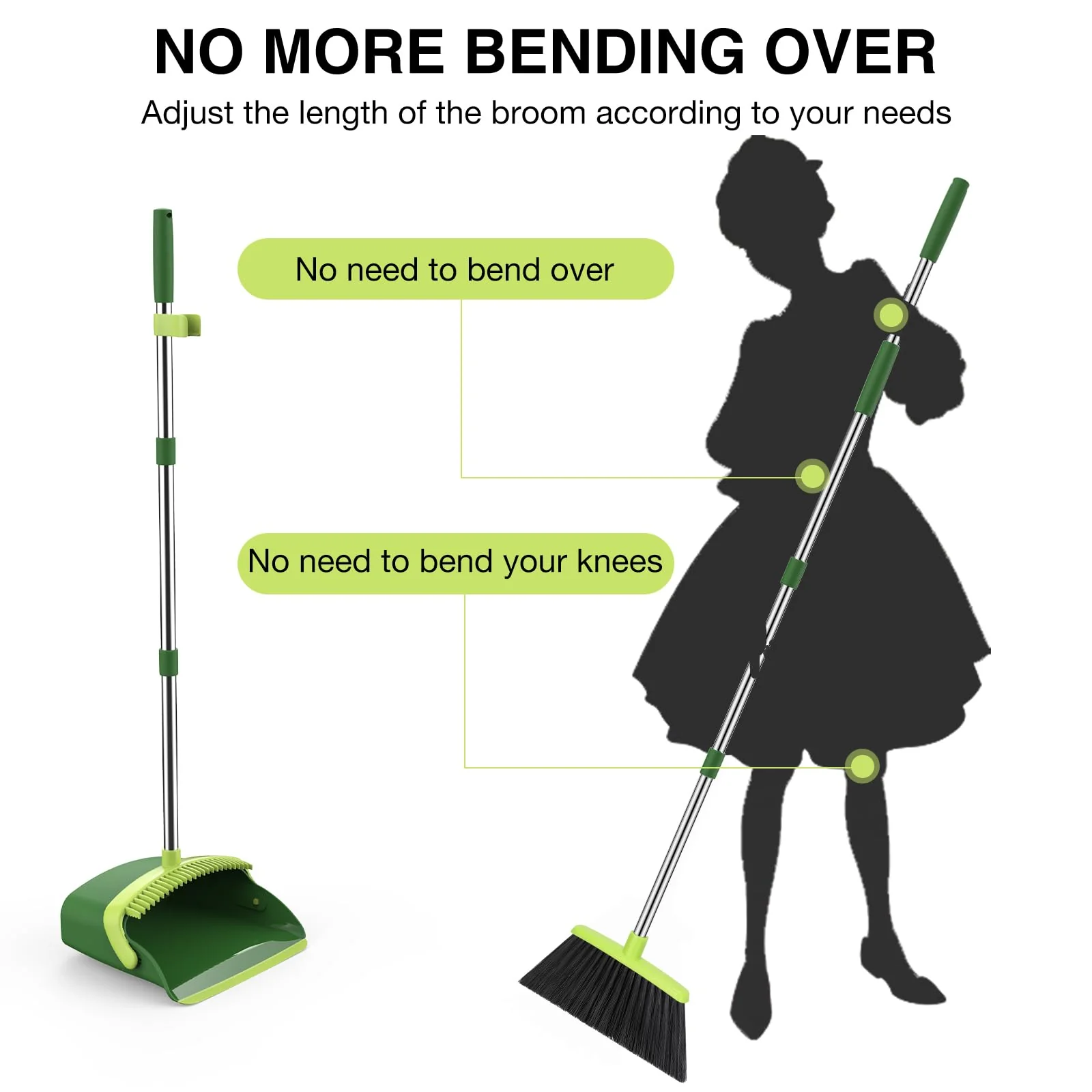 Broom and Dustpan Set, 52-in Long Adjustable Handle Broom Dustpan Combo with Dust pan Teeth to Automatically Clean Hair Suitable for Home Kitchen Office Hall Floor(Green) - Image 6