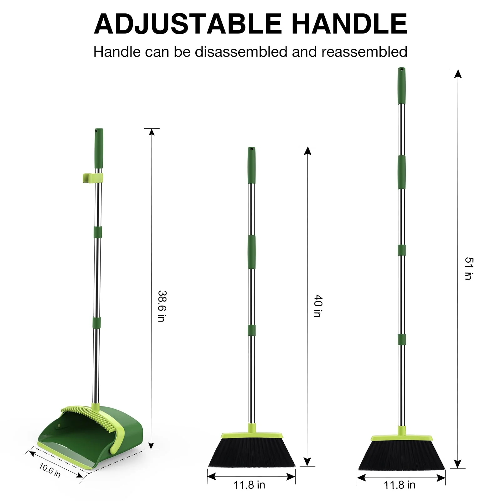 Broom and Dustpan Set, 52-in Long Adjustable Handle Broom Dustpan Combo with Dust pan Teeth to Automatically Clean Hair Suitable for Home Kitchen Office Hall Floor(Green) - Image 7