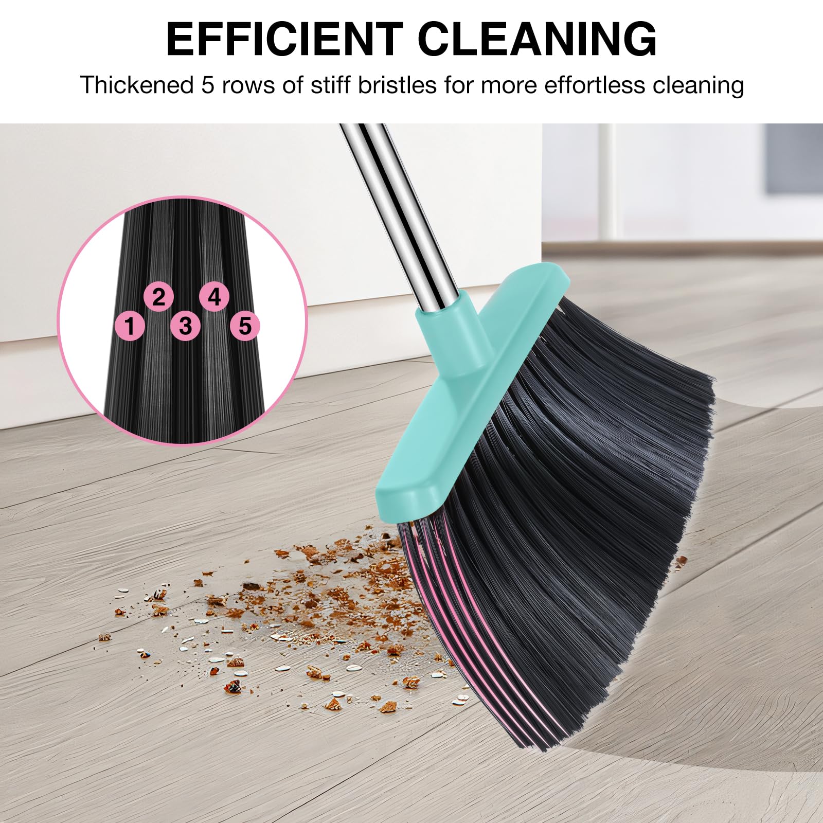 Broom and Dustpan Set, 52-in Long Adjustable Handle Broom Dustpan Combo with Dust pan Teeth to Automatically Clean Hair Suitable for Home Kitchen Office Hall Floor(Pink&Blue) - Image 3