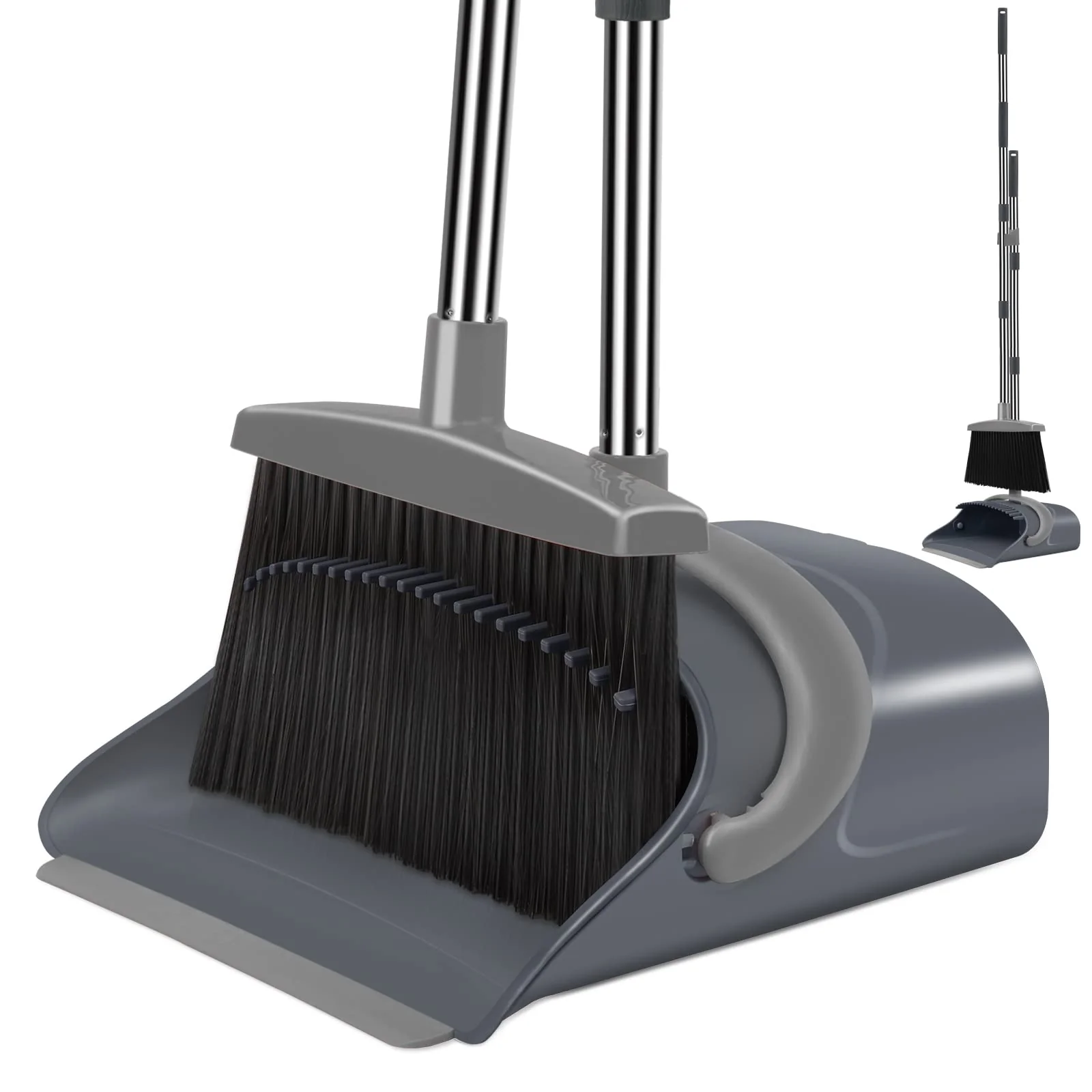 Broom and Dustpan Set, Dust pan with Long Handle, Broom with Dustpan Combo Set, Broom and Dustpan for Home, Indoor or Outdoor Cleaning Tool (Deep Gray&Light Gray)