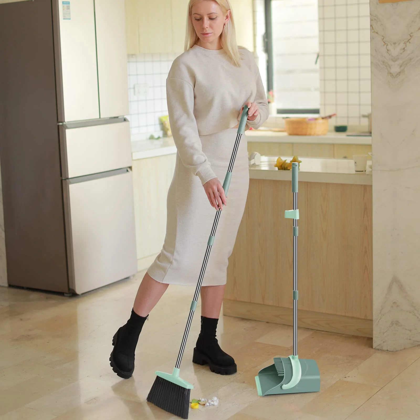 Broom and Dustpan Set for Home, Dust pan with Long Handle, Broom with Dustpan Combo Set, for Home Kitchen Room Office Lobby Floor Use Upright Stand Up Sweeping (Gray&Green) - Image 3