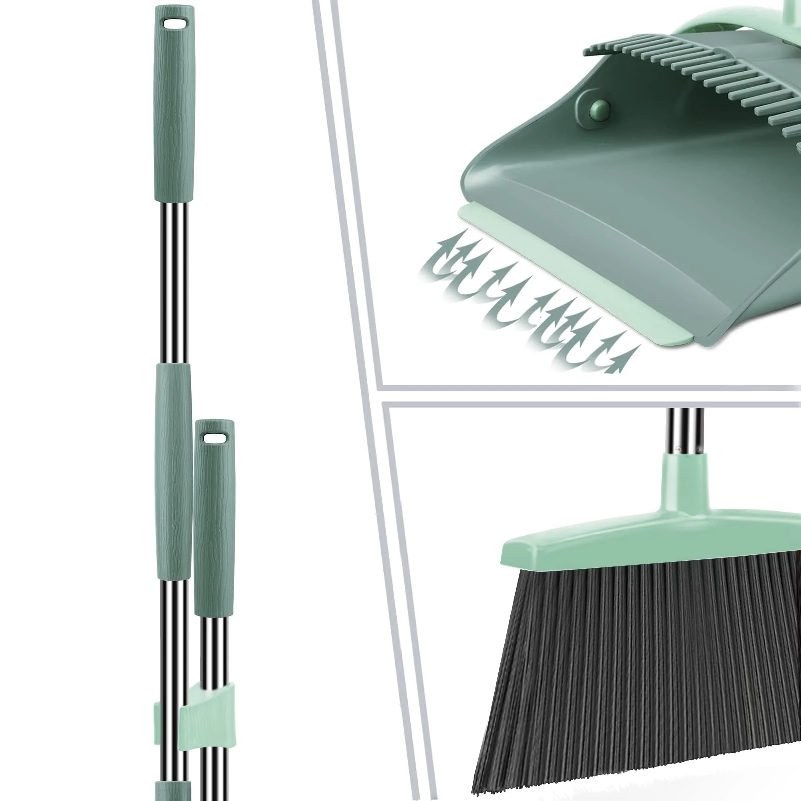 Broom and Dustpan Set for Home, Dust pan with Long Handle, Broom with Dustpan Combo Set, for Home Kitchen Room Office Lobby Floor Use Upright Stand Up Sweeping (Gray&Green) - Image 6
