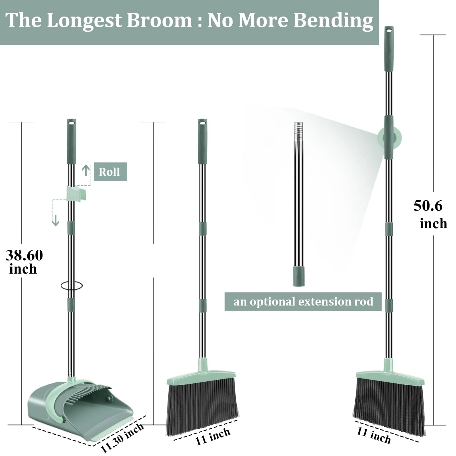 Broom and Dustpan Set for Home, Dust pan with Long Handle, Broom with Dustpan Combo Set, for Home Kitchen Room Office Lobby Floor Use Upright Stand Up Sweeping (Gray&Green) - Image 7