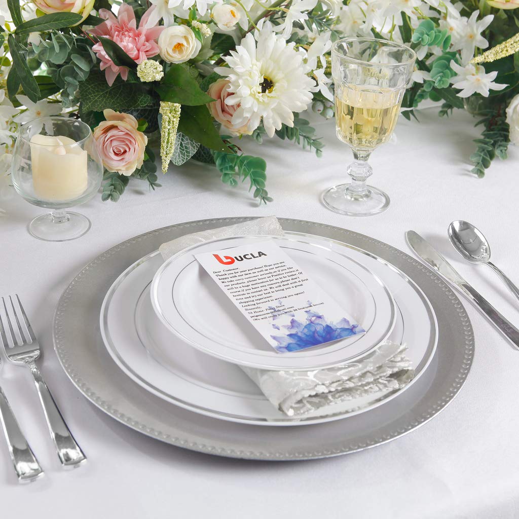 bUCLA 100Pieces Silver Plastic Plates - 10.25inch Silver Rim Disposable Dinner Plates - Ideal for Weddings, Parties & Christmas - Image 3