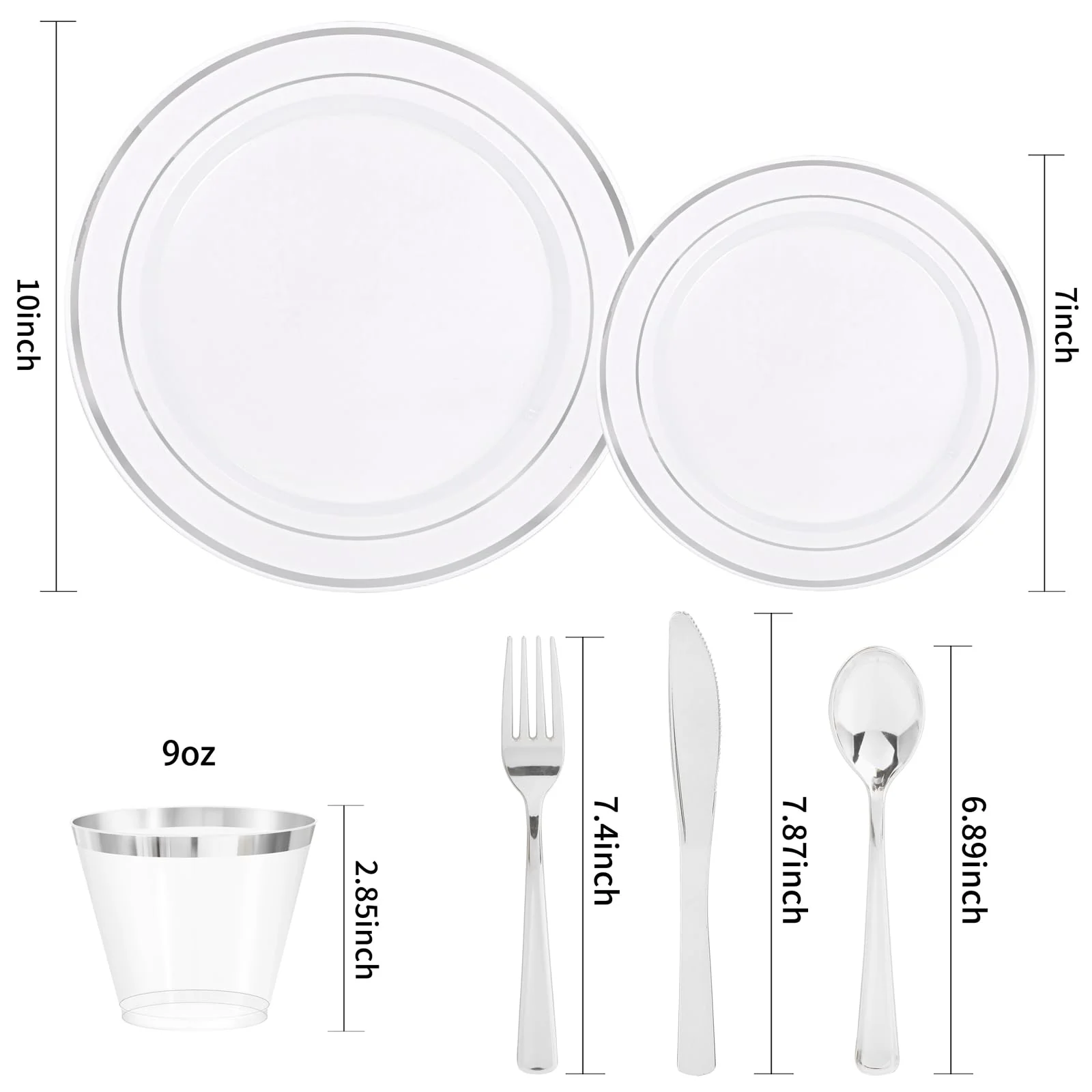 bUCLA 300PCS Silver Disposable Plastic Dinnerware Set - 50 Guests White Silver Disposable Plates Include 50 Dinner Plates,50 Dessert Plates,50 Knives,50 Forks,50 Spoons,50 Cups for Party & Christmas - Image 6