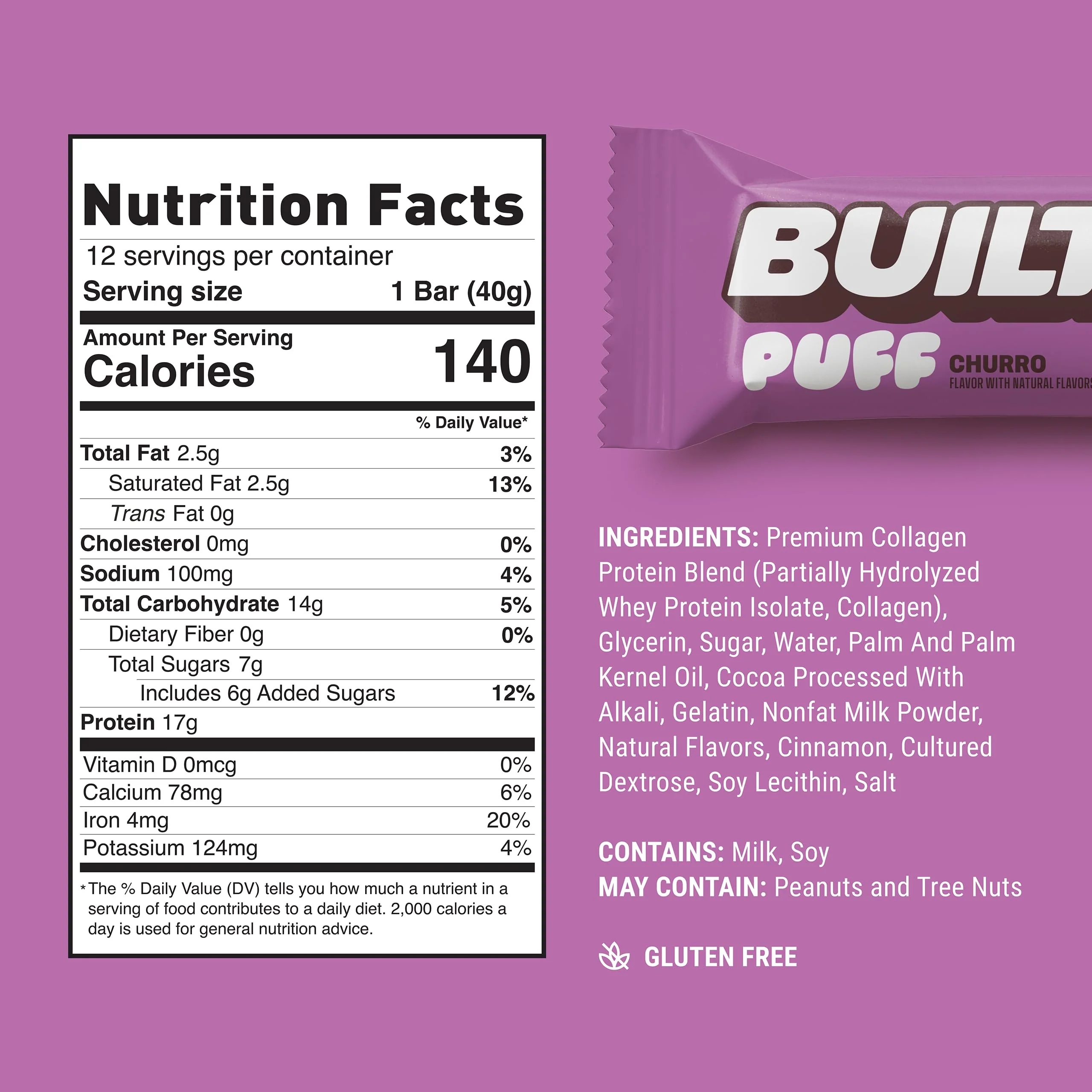 Built Bar, Puff Protein Bars, Churro Puff, 17g Protein Snacks, On-The-Go Bars, Only 140 Calories & 6g Sugar, Collagen, Gluten Free, 12 Count - Image 5