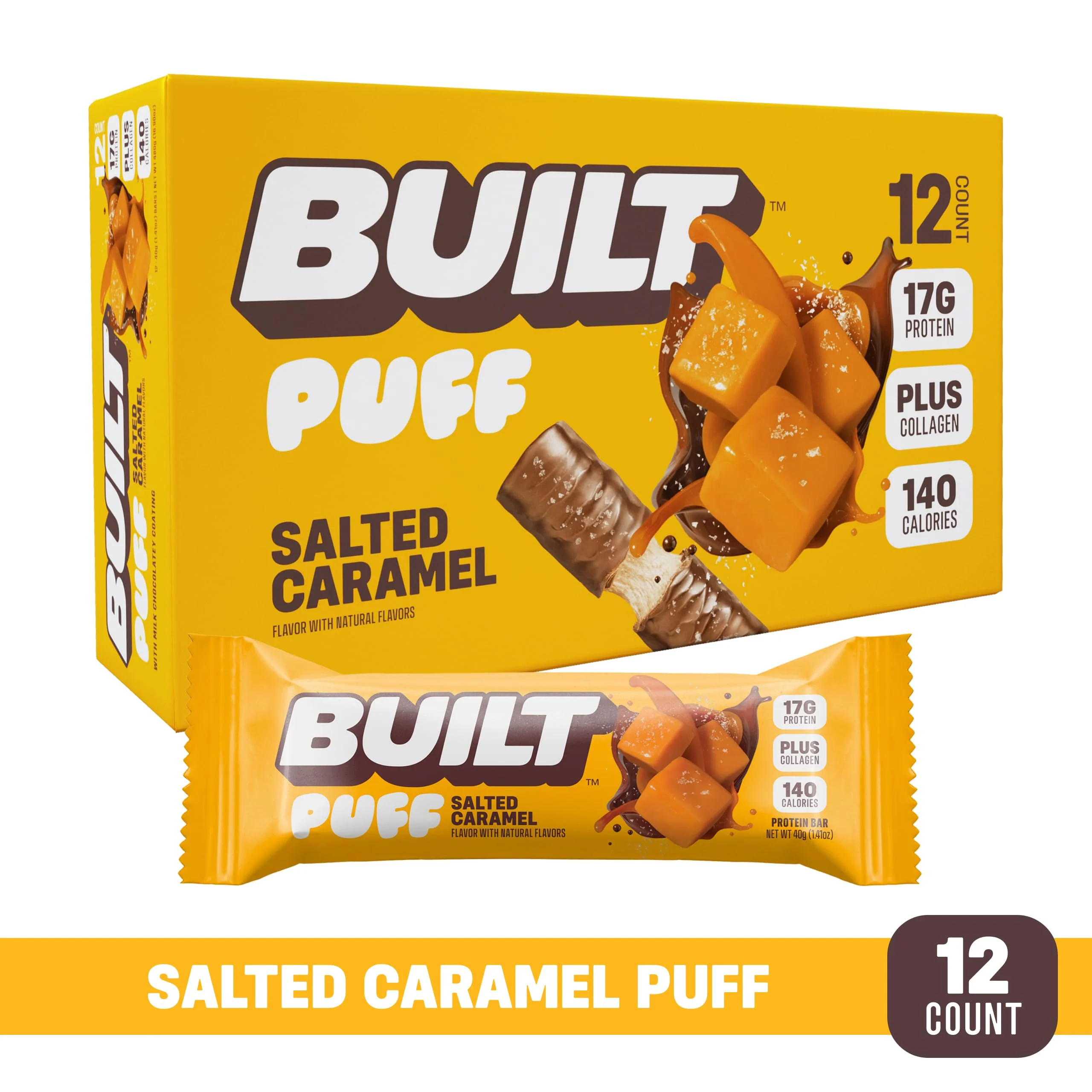 Built Bar, Puff Protein Bars, Salted Caramel Puff, 17g Protein Snacks, On-The-Go Bars, Only 140 Calories, 6g Sugar, Collagen, Gluten Free, 12 Count - Image 2