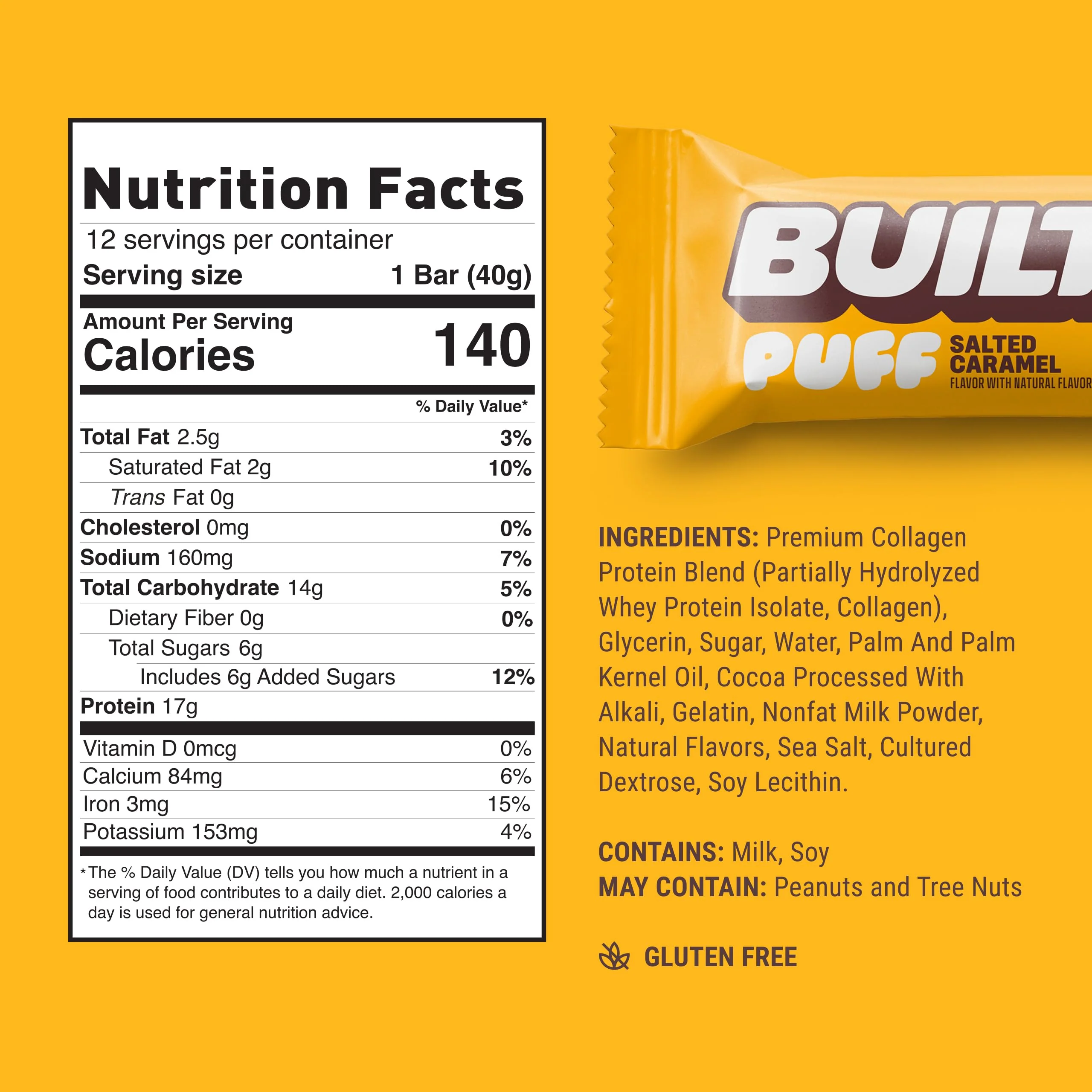 Built Bar, Puff Protein Bars, Salted Caramel Puff, 17g Protein Snacks, On-The-Go Bars, Only 140 Calories, 6g Sugar, Collagen, Gluten Free, 12 Count - Image 8