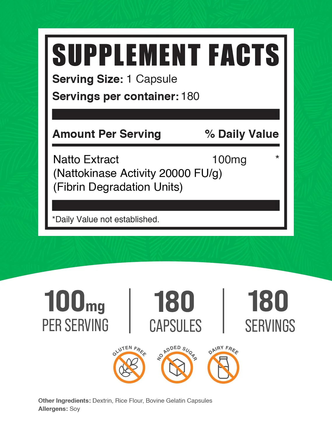 BulkSupplements.com Nattokinase 2000 FU Capsules - Sourced from Natto Extract, Nattokinase Supplement, Nattokinase 100mg - Gluten Free, 1 Capsule per Serving, 180 Capsules (Pack of 1) - Image 5