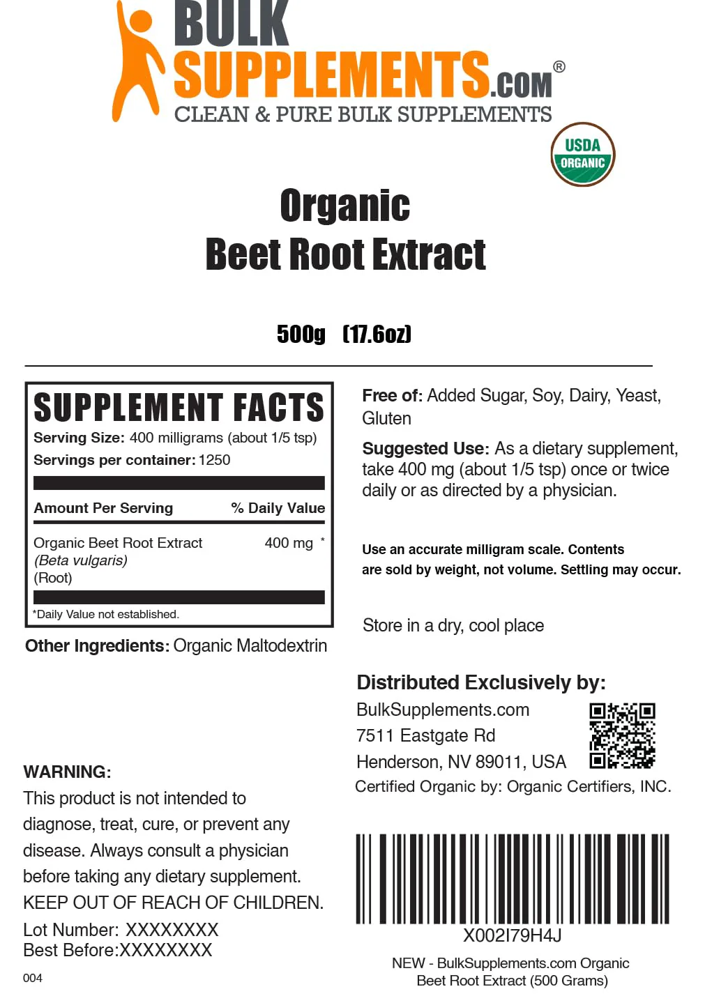 BulkSupplements.com Organic Beet Root Extract Powder - Superfood Supplement, Beets Supplements, Beets Powder - Vegan & Gluten Free, 400mg per Serving, 500g (1.1 lbs) (Pack of 1) - Image 2