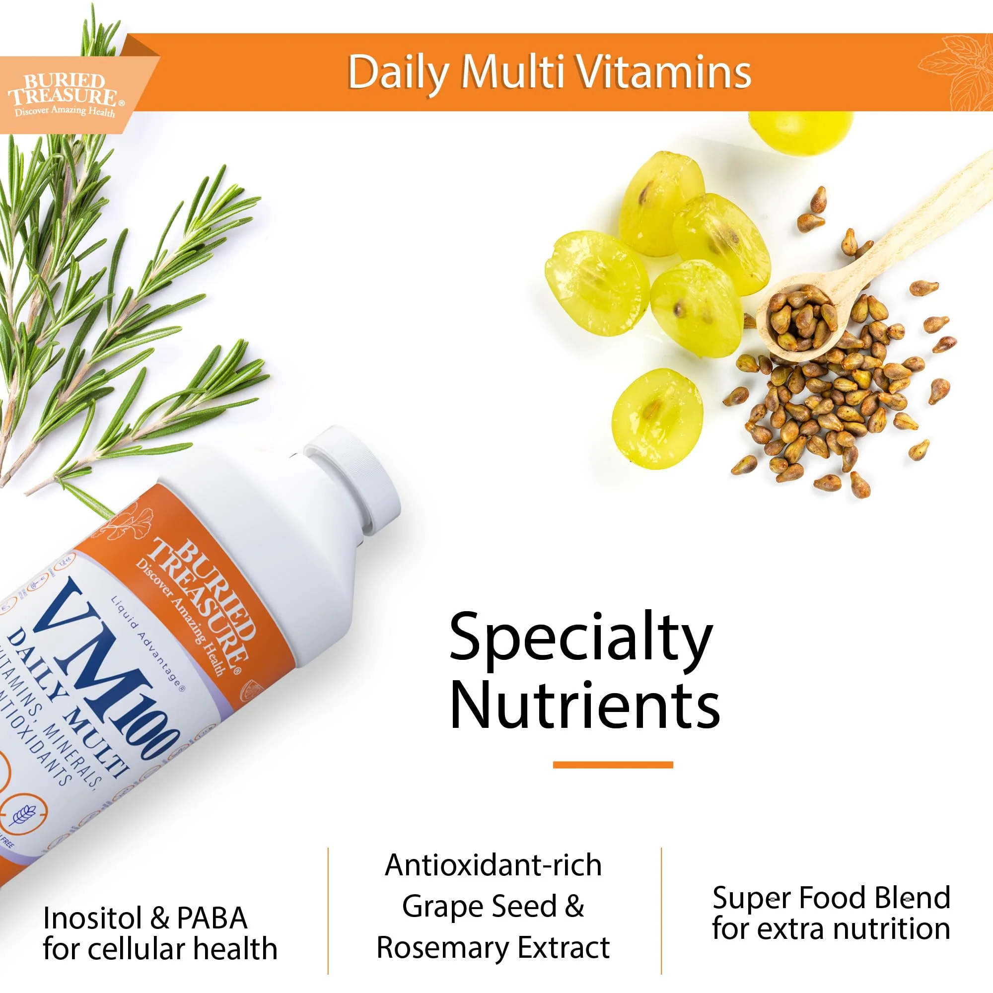 Buried Treasure VM100 Complete Daily Liquid Vitamins and Minerals plus Antioxidants Supplement for Maximum Absorption Great Tasting Orange Zest Flavor 32 Servings 32 Ounce - Image 4