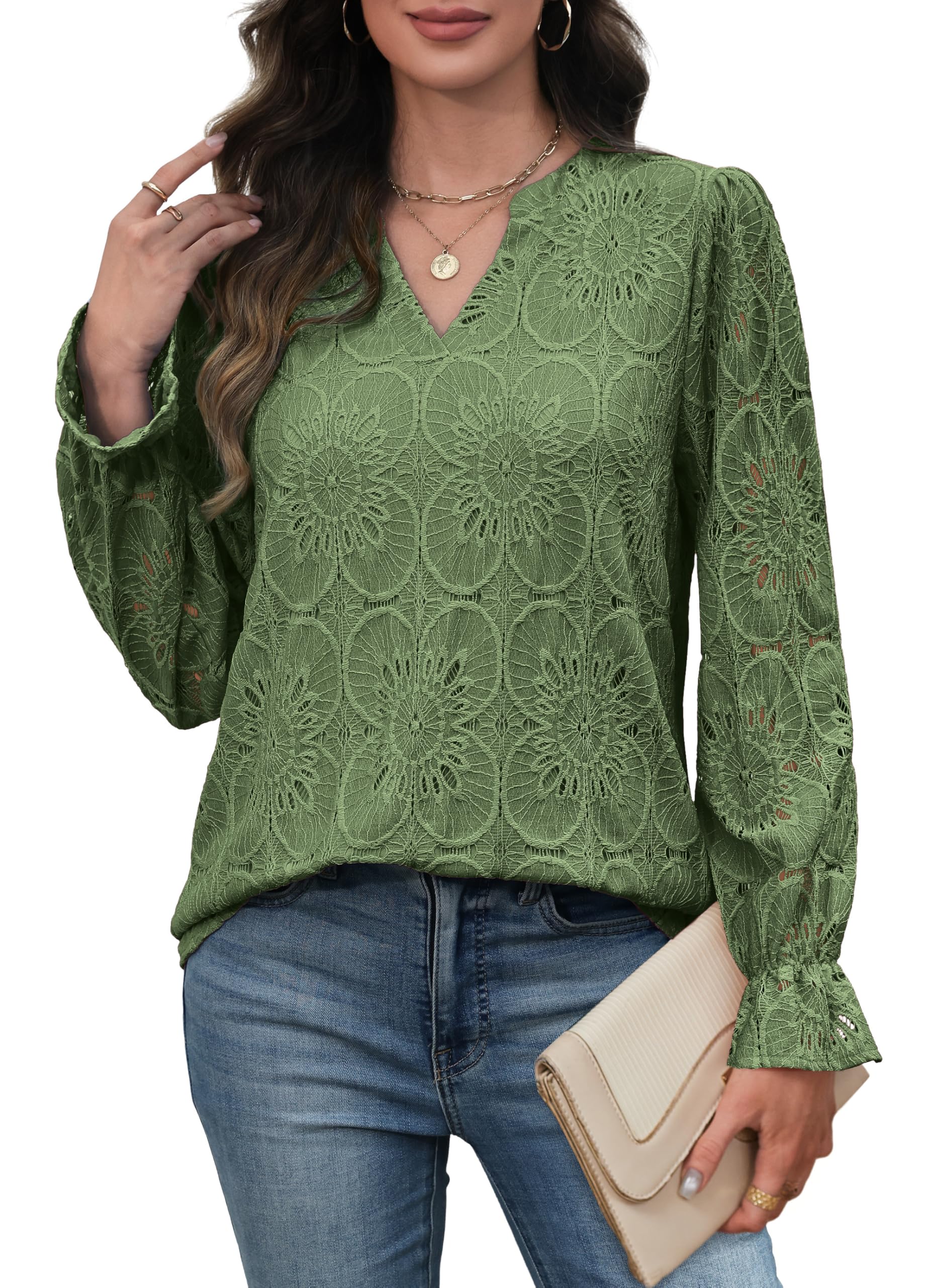 Business Casual Outfits for Women 2025 Long Sleeve Tops Womens Shirts Dressy Blouses for Women Business Casual Green Christmas XL - Image 3