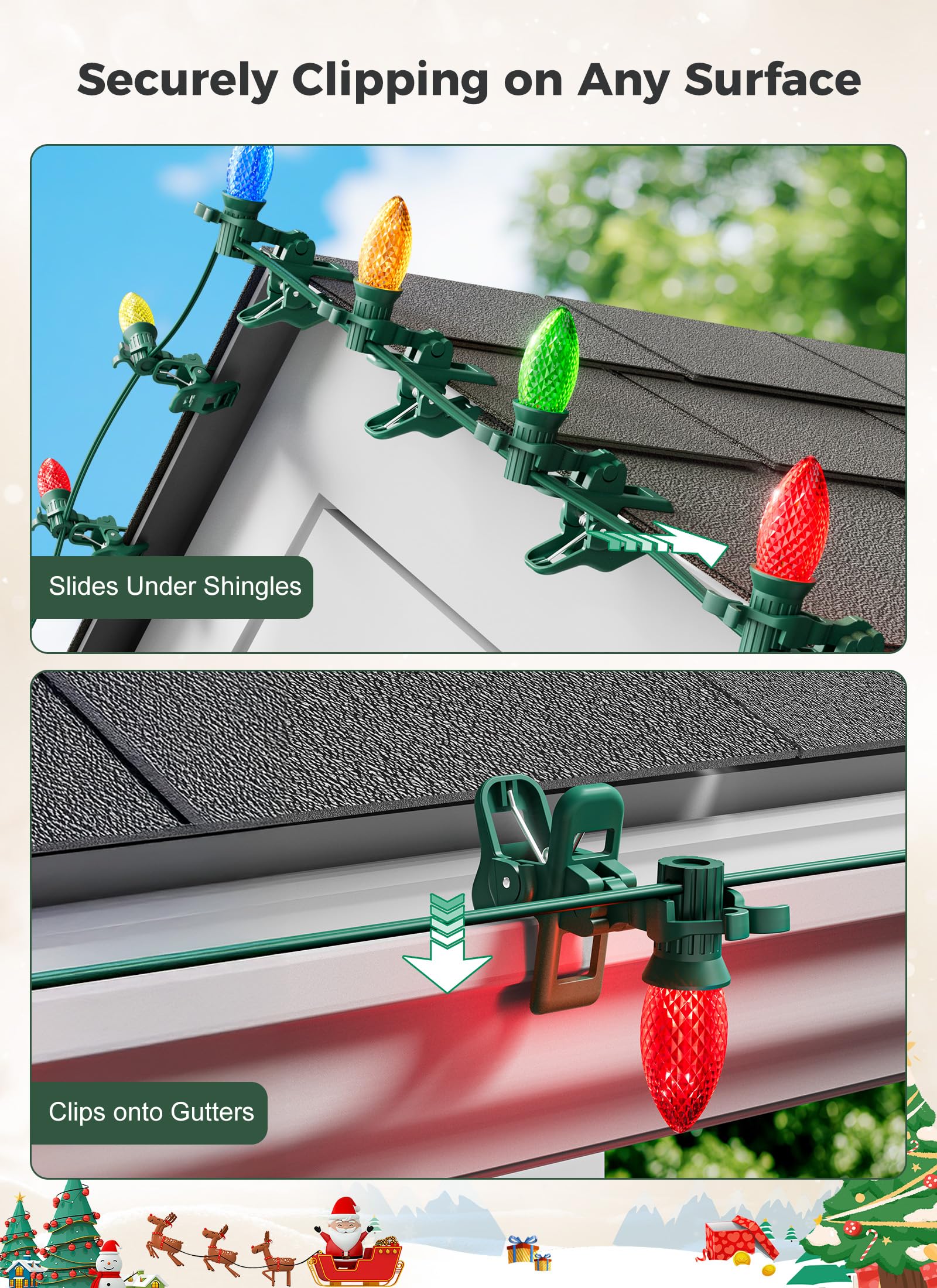 C7 C9 Christmas Lights Spring Clips, 100 Count Holiday Lights Quick Spring Clips, Shatterproof Shingle and Gutter Clips for E12, E17Socket, Rope Lights Roofline Fence Railing Mantel Christmas Trees - Image 6