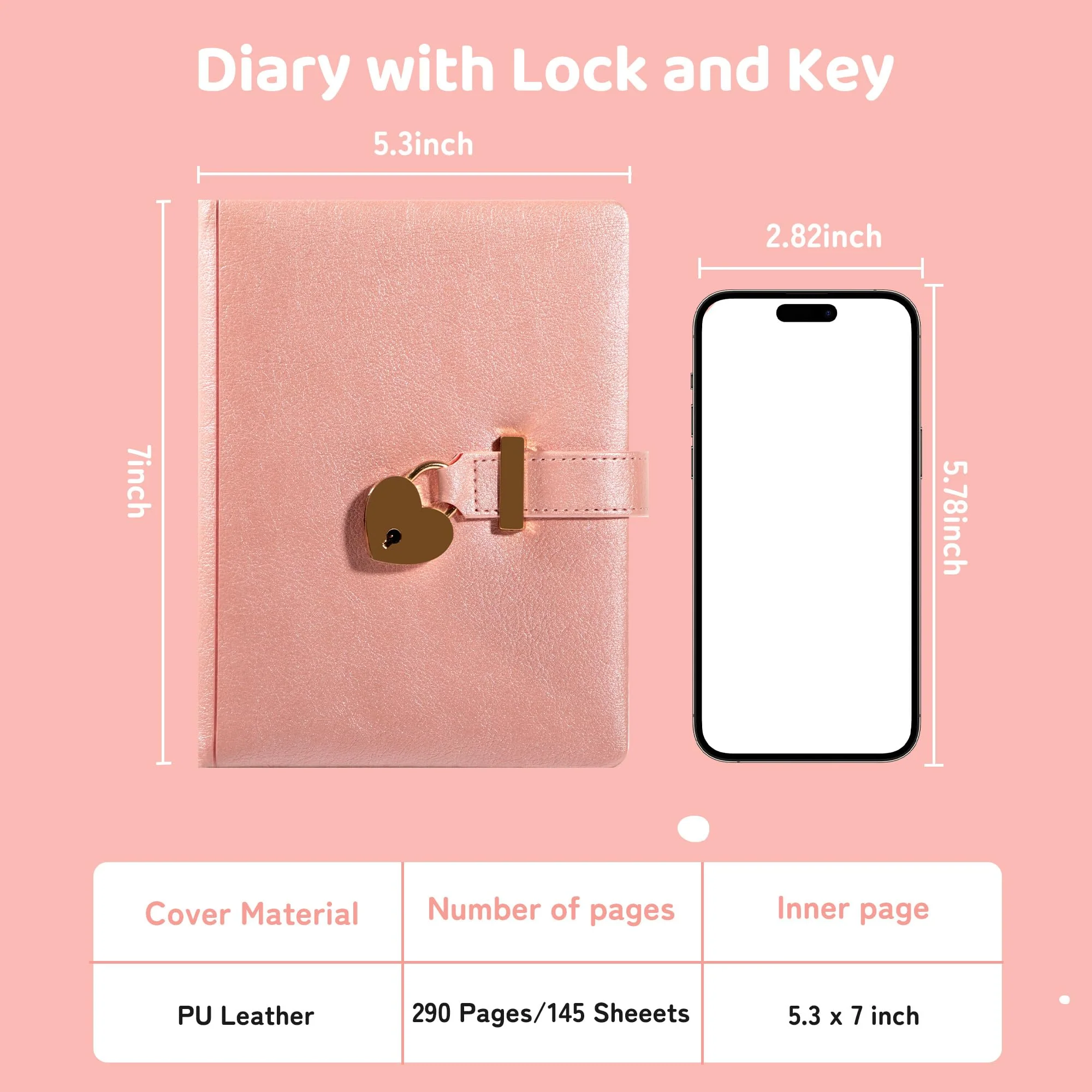 CAGIE Diary with Lock for Girls with Pen Heart Shaped Lock Diary with 2 Keys Golden Edge Lock Journal for Girls Women 290 Pages Journal with Lock for Writing, Travel, 5.3 x 7.1 inches, Pure Pink - Image 2