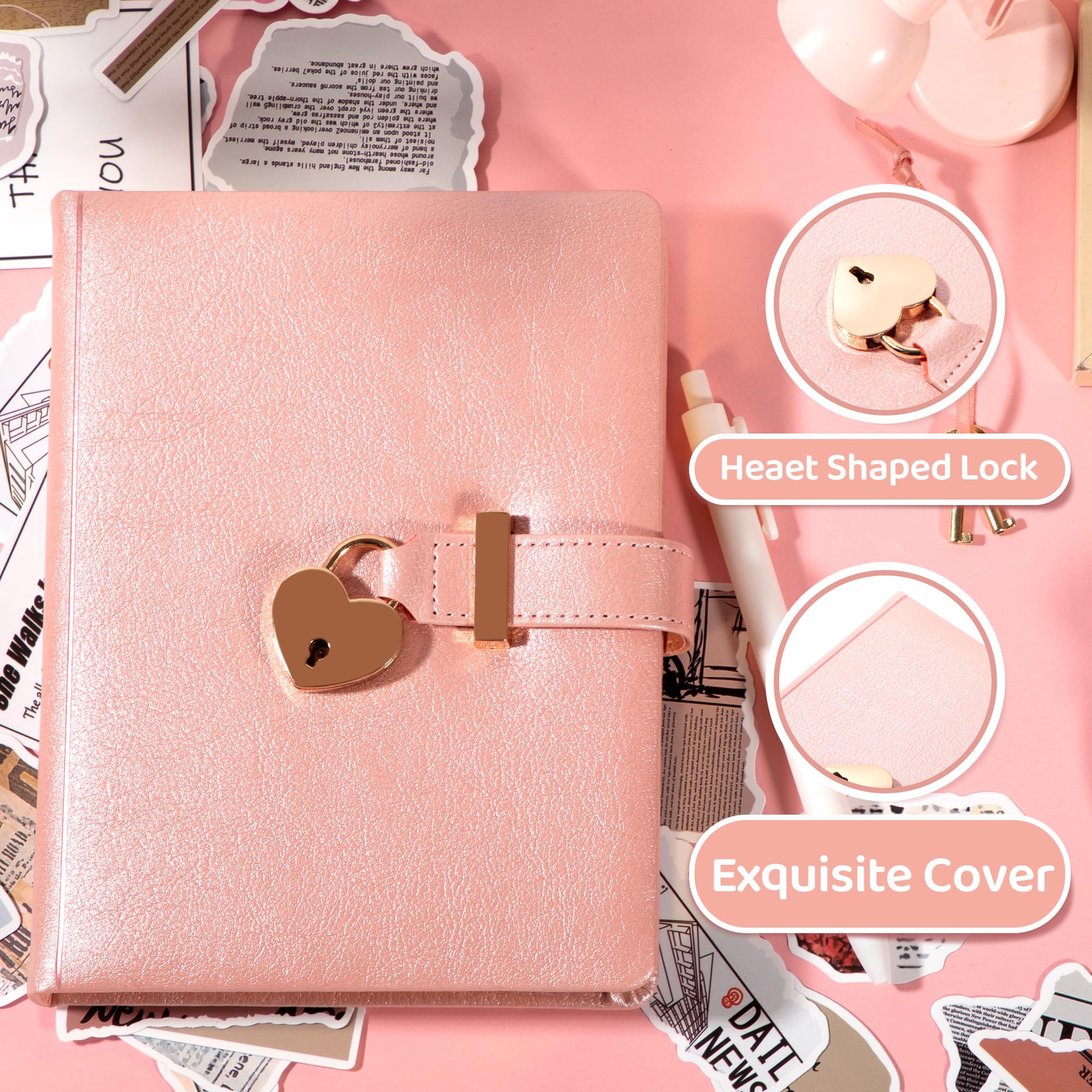 CAGIE Diary with Lock for Girls with Pen Heart Shaped Lock Diary with 2 Keys Golden Edge Lock Journal for Girls Women 290 Pages Journal with Lock for Writing, Travel, 5.3 x 7.1 inches, Pure Pink - Image 8