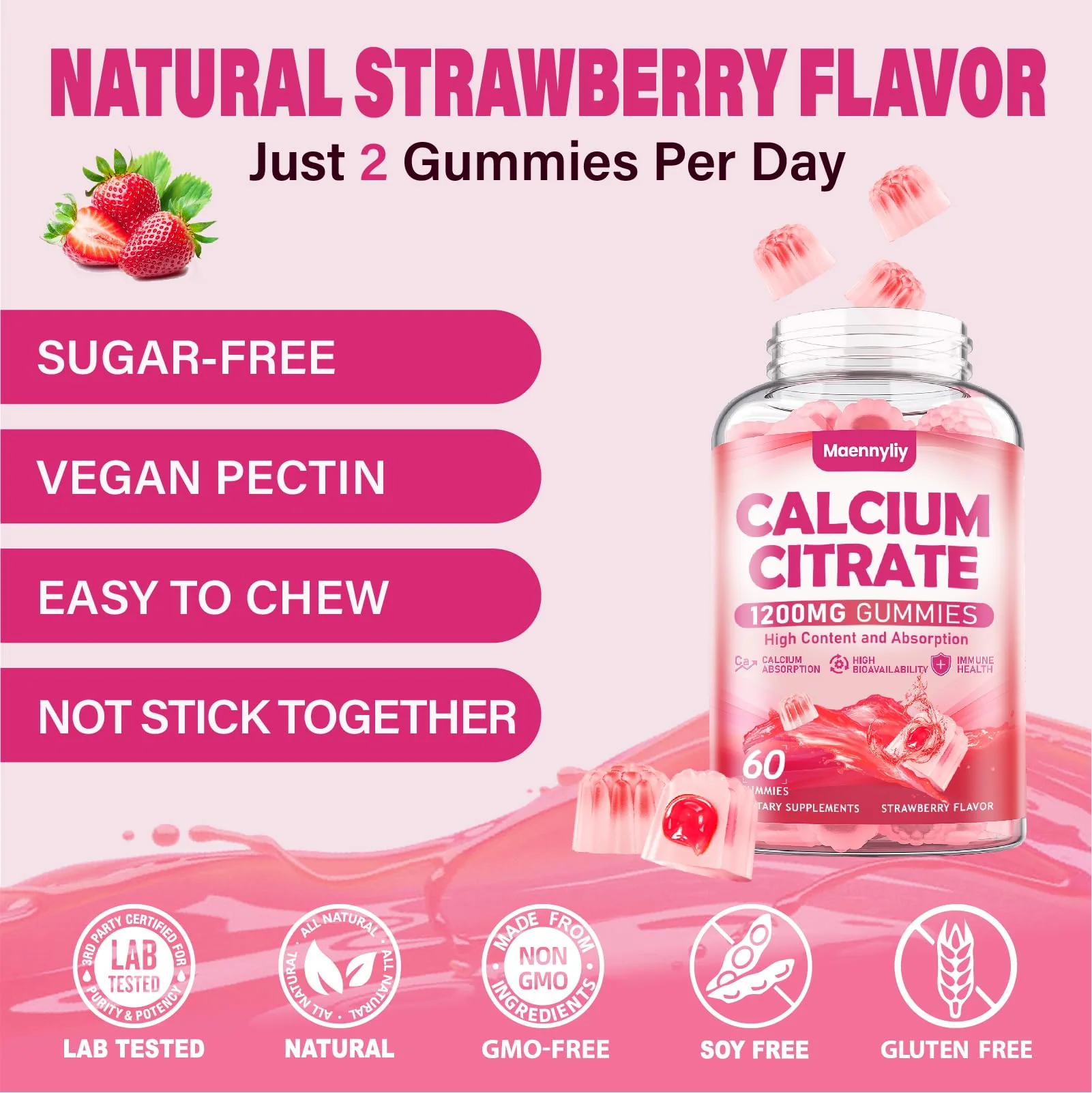 Calcium Citrate Gummies 1200 mg for Adults: Ultimate Absorption Calcium Supplement for Women & Men - Easy to Digest, Vegan, Non-GMO, Gluten Free - Natural Strawberry Flavor - Image 3