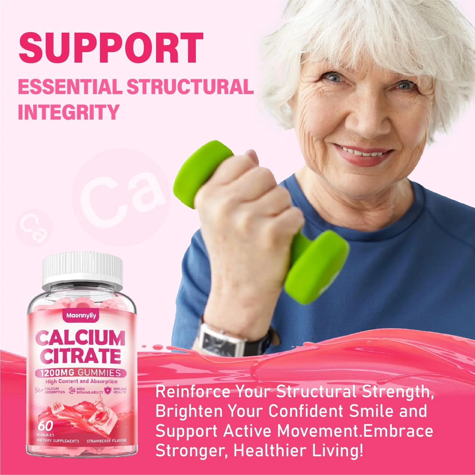 Calcium Citrate Gummies 1200 mg for Adults: Ultimate Absorption Calcium Supplement for Women & Men - Easy to Digest, Vegan, Non-GMO, Gluten Free - Natural Strawberry Flavor - Image 5