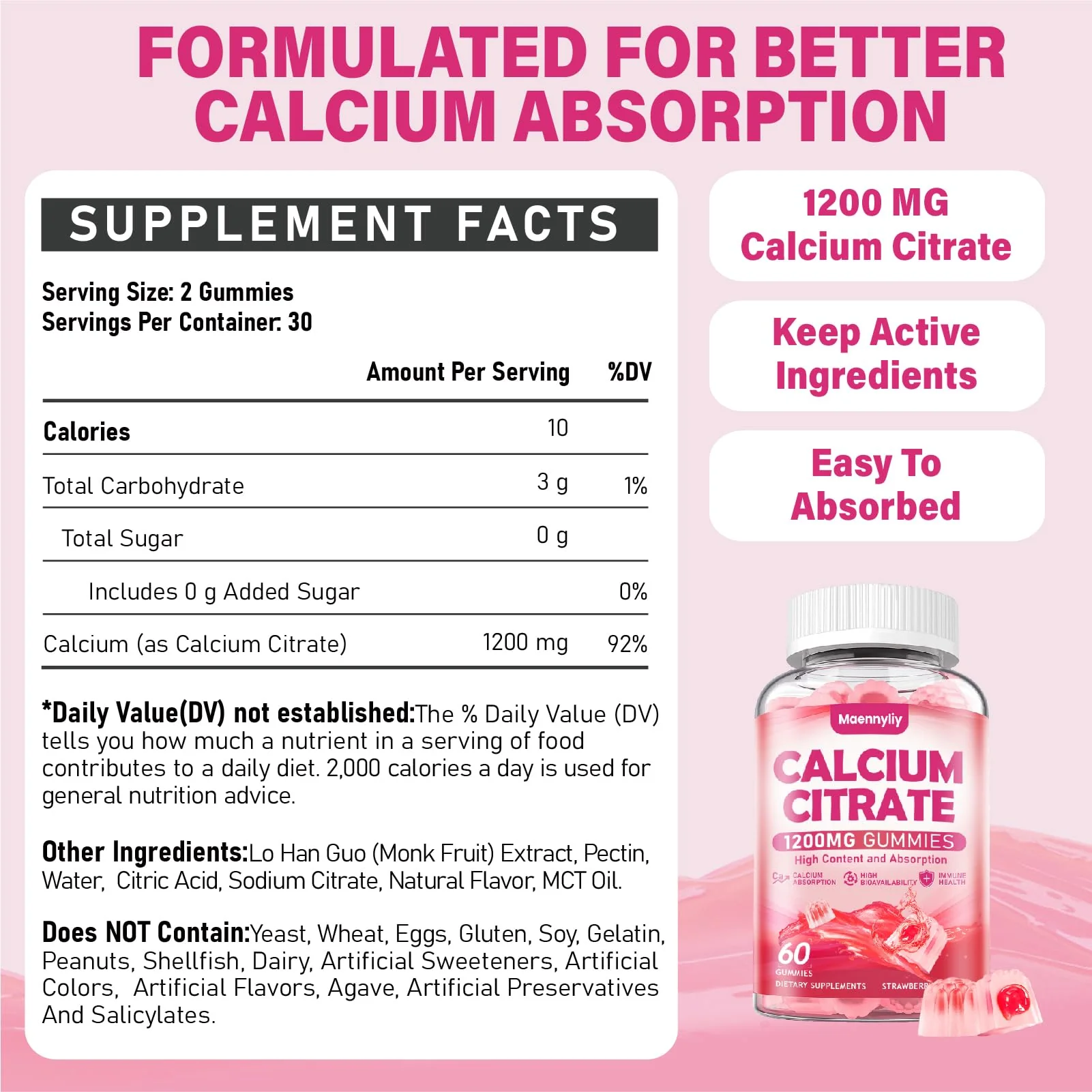 Calcium Citrate Gummies 1200 mg for Adults: Ultimate Absorption Calcium Supplement for Women & Men - Easy to Digest, Vegan, Non-GMO, Gluten Free - Natural Strawberry Flavor - Image 7