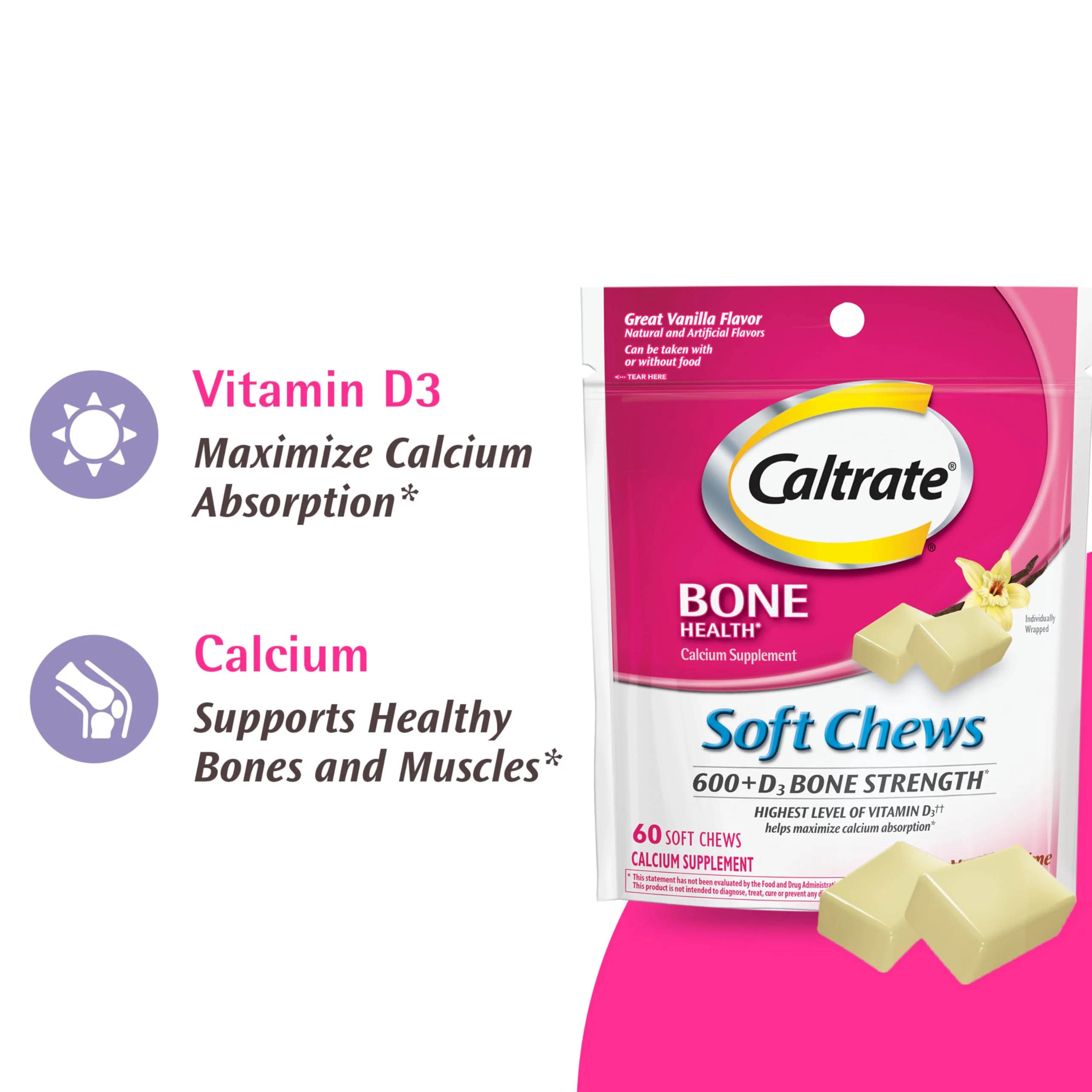 Caltrate Soft Chews 600 Plus D3 Calcium Vitamin D Supplement, Vanilla Creme - 60 Count - Image 8