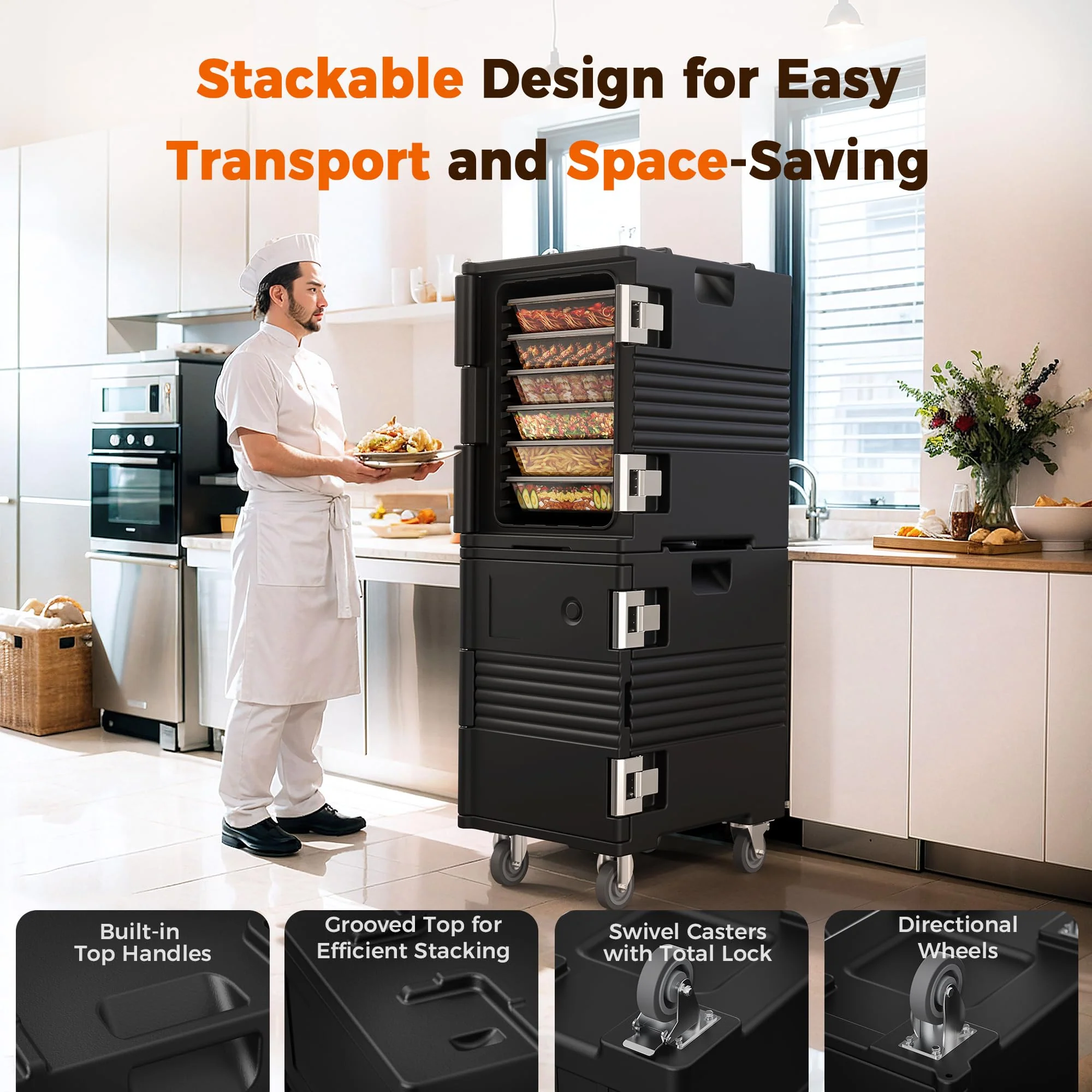 CAMMOO 95QT Non-Electrical Catering Food Warmers with Swivel Casters, 304 Stainless Steel Latch, Insulated Food Carrier for 6 Full-Size Pans(NOT INCLUDED), Food Warmer Hot Boxes for Catering BBQ Event - Image 3