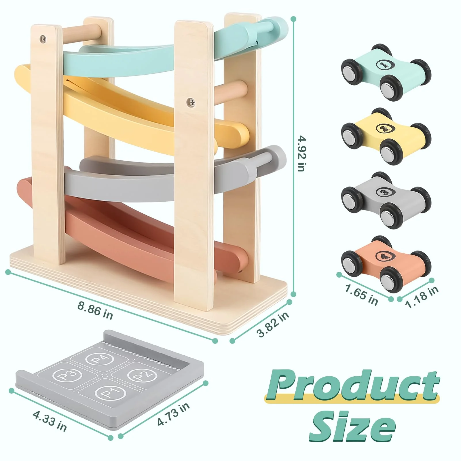 Car Ramp Toys for One Year Old Boy Birthday Gifts, Wooden Montessori Toys for 1 2 Year Old, Race Track Truck Toy with 4 Mini Cars/1 Parking Lot, First Christmas Birthday Gifts for Toddlers 1-3-2-4 - Image 3