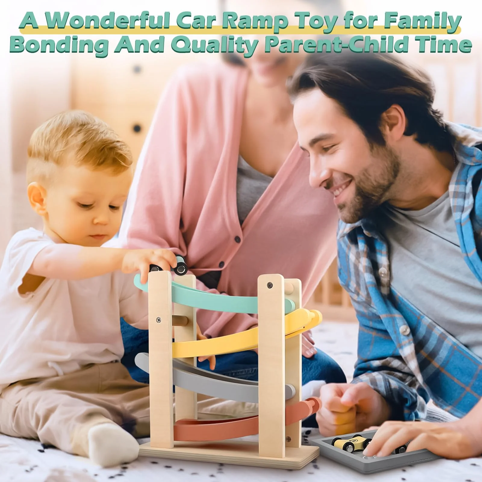 Car Ramp Toys for One Year Old Boy Birthday Gifts, Wooden Montessori Toys for 1 2 Year Old, Race Track Truck Toy with 4 Mini Cars/1 Parking Lot, First Christmas Birthday Gifts for Toddlers 1-3-2-4 - Image 4