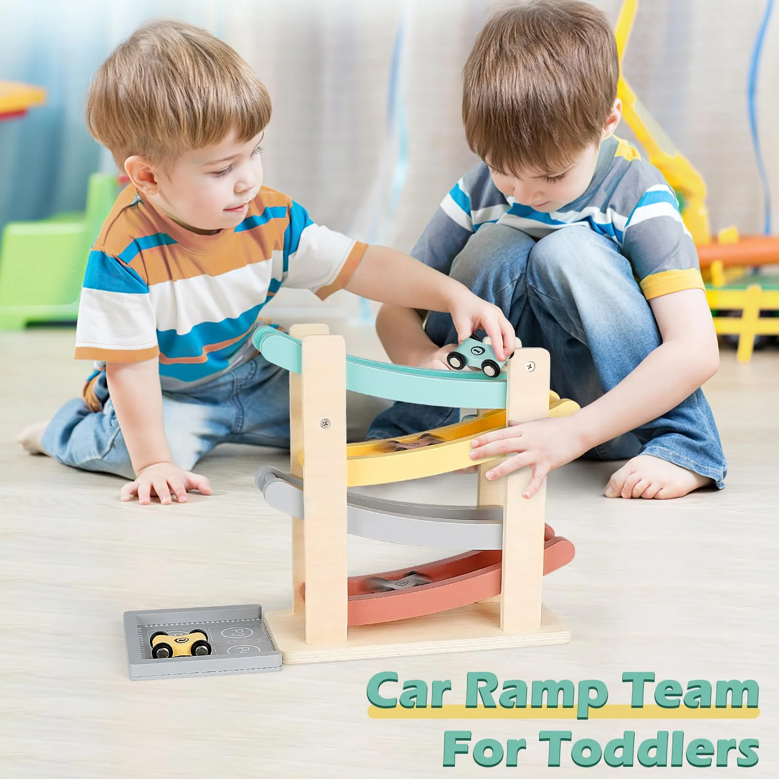 Car Ramp Toys for One Year Old Boy Birthday Gifts, Wooden Montessori Toys for 1 2 Year Old, Race Track Truck Toy with 4 Mini Cars/1 Parking Lot, First Christmas Birthday Gifts for Toddlers 1-3-2-4 - Image 5