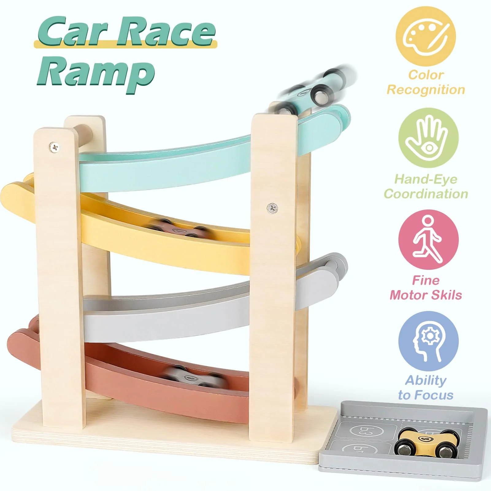 Car Ramp Toys for One Year Old Boy Birthday Gifts, Wooden Montessori Toys for 1 2 Year Old, Race Track Truck Toy with 4 Mini Cars/1 Parking Lot, First Christmas Birthday Gifts for Toddlers 1-3-2-4 - Image 6