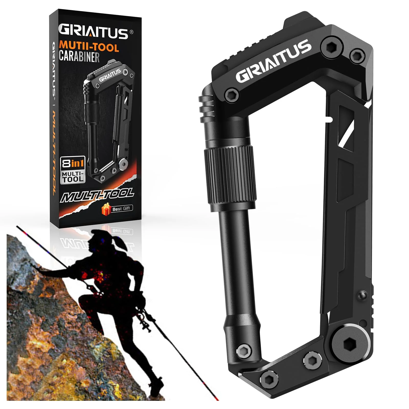 Carabiner Multitool 8-in-1 EDC Carabiners Pocket Knife, Serrated Knife, Rope Cutter, Screwdriver, Can Bottle Opener, Ruler, Survival Gear for Camping Climbing, Christmas Gifts for Men Women (Black) - Image 2