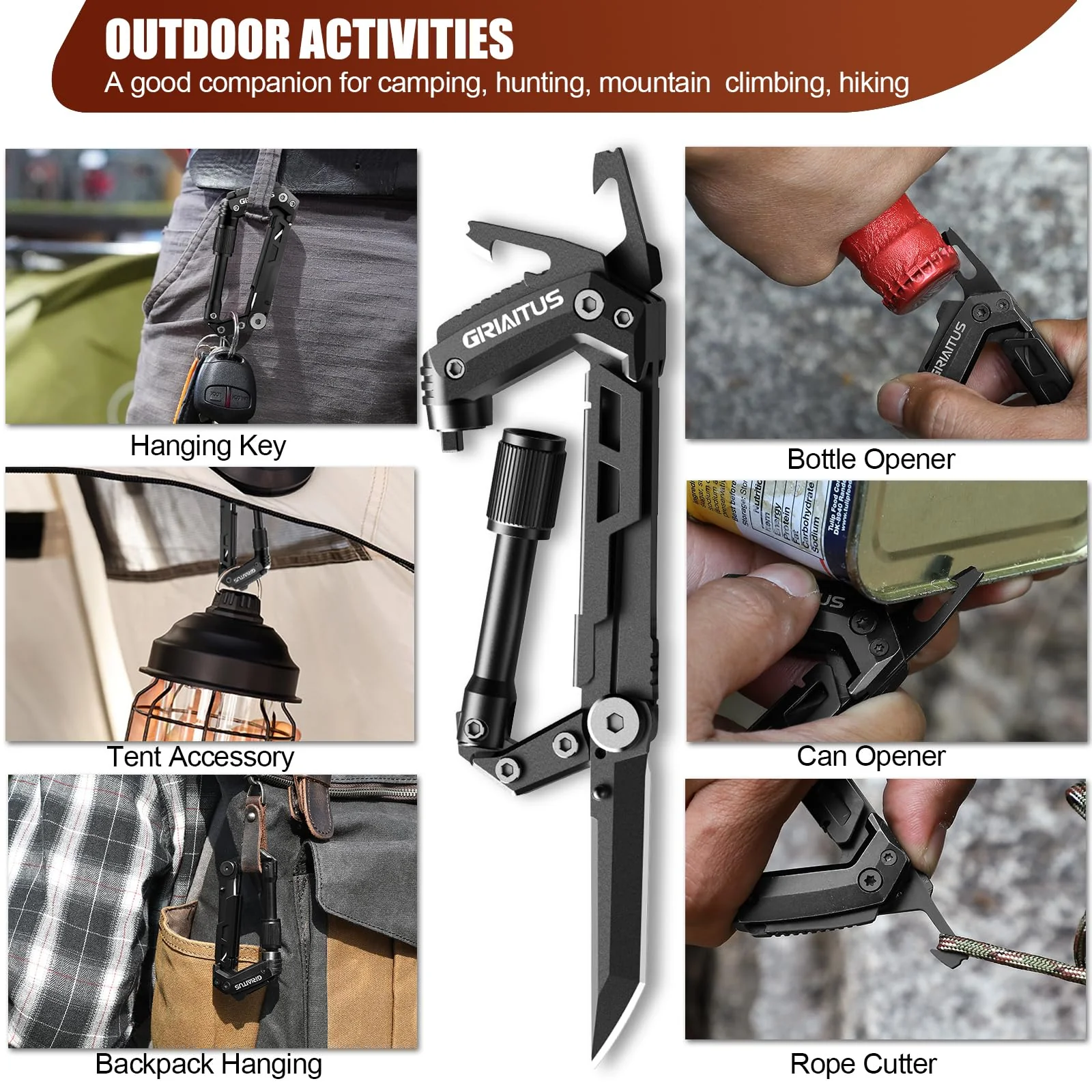 Carabiner Multitool 8-in-1 EDC Carabiners Pocket Knife, Serrated Knife, Rope Cutter, Screwdriver, Can Bottle Opener, Ruler, Survival Gear for Camping Climbing, Christmas Gifts for Men Women (Black) - Image 6
