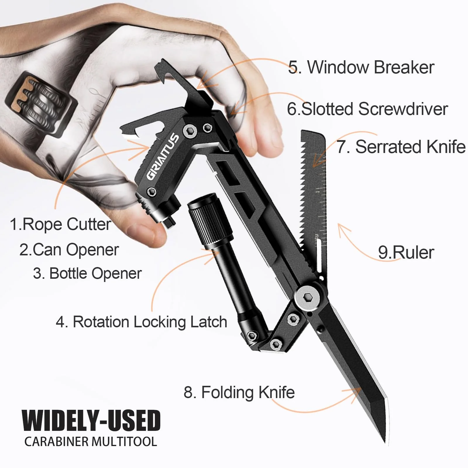 Carabiner Multitool 8-in-1 EDC Carabiners Pocket Knife, Serrated Knife, Rope Cutter, Screwdriver, Can Bottle Opener, Ruler, Survival Gear for Camping Climbing, Christmas Gifts for Men Women (Black) - Image 7