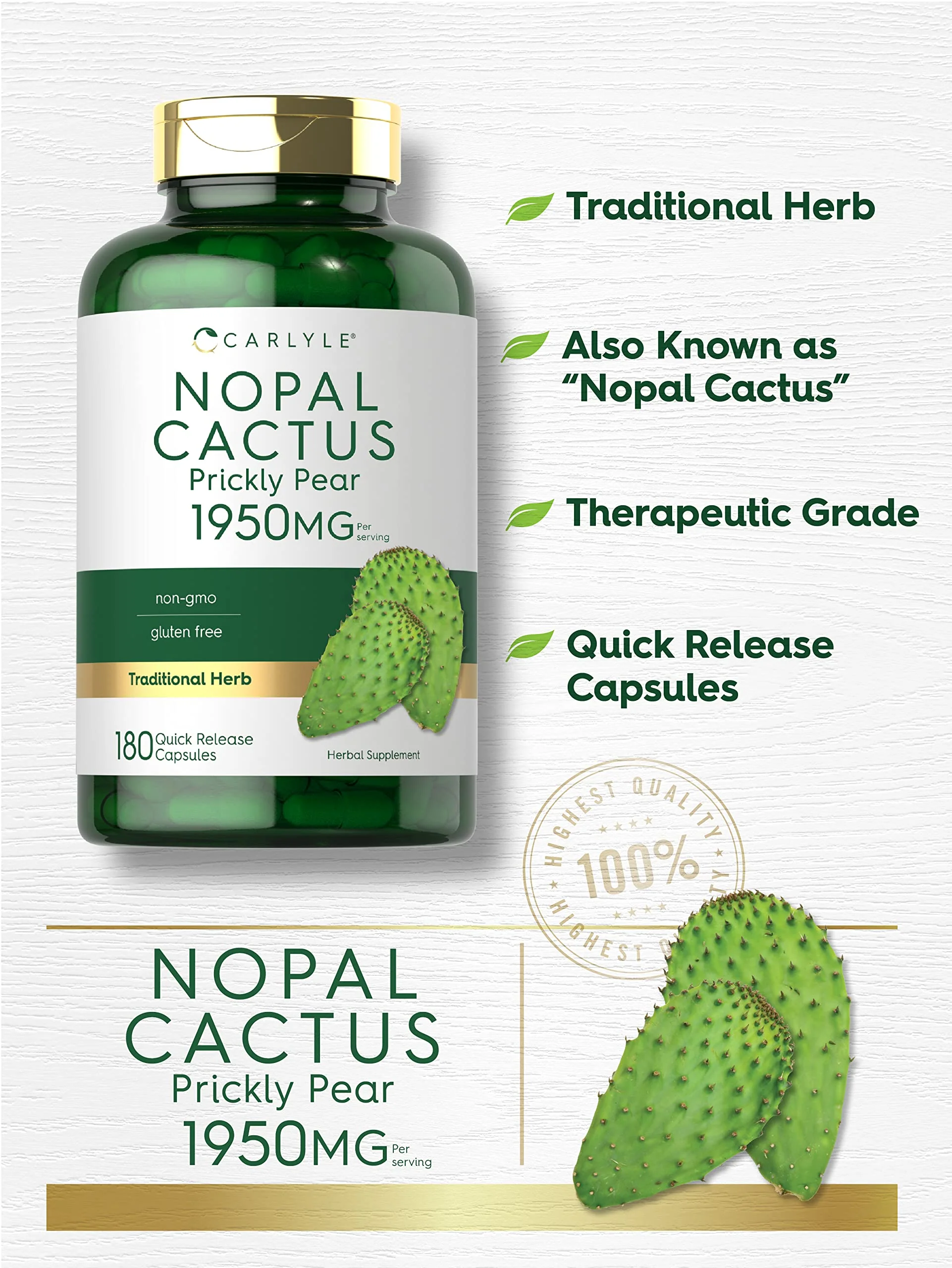 Carlyle Prickly Pear 1950 mg | 180 Capsules | Nopal Cactus Supplement | Non-GMO, Gluten Free - Image 6