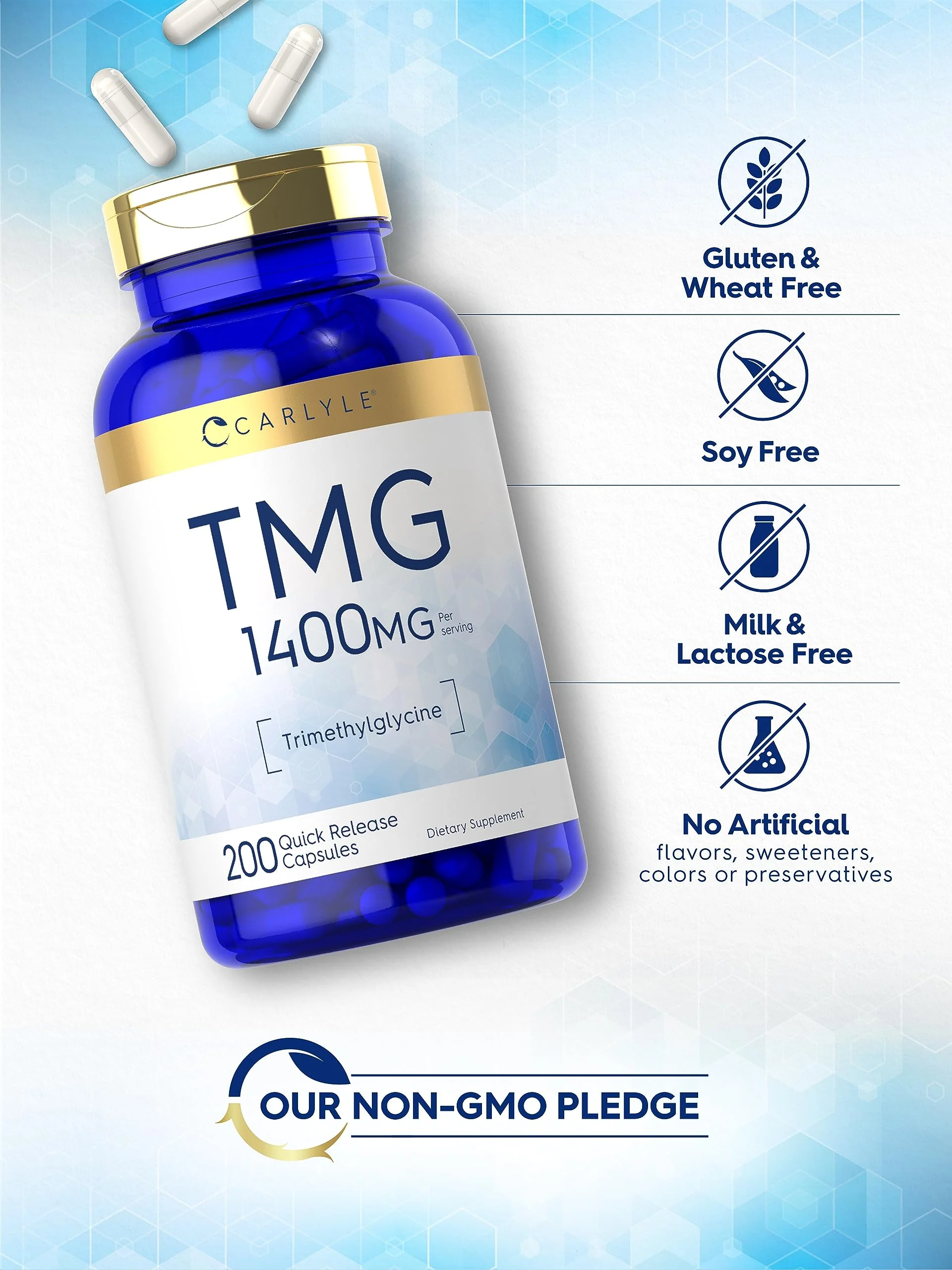 Carlyle TMG 1400mg | 200 Trimethylglycine Quick Release Capsules | Non-GMO & Gluten Free Supplement - Image 5